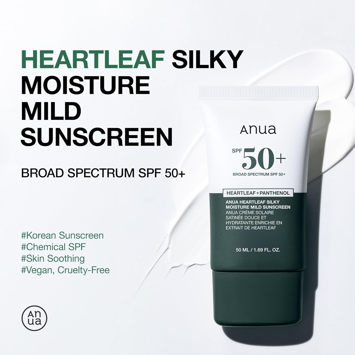 Werbebild mit Tube und Produktprobe. Text: Heartleaf Silky Moisture Mild Sunscreen, Broad Spectrum SPF 50+. Hashtags.