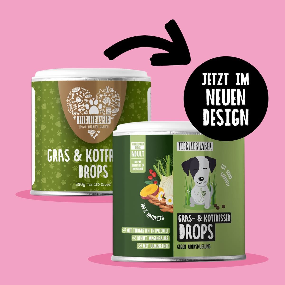 Zwei Dosen nebeneinander. Eine Dose mit altem Design, eine mit neuem Design. Aufschrift: Gras & Kotfresser Drops.