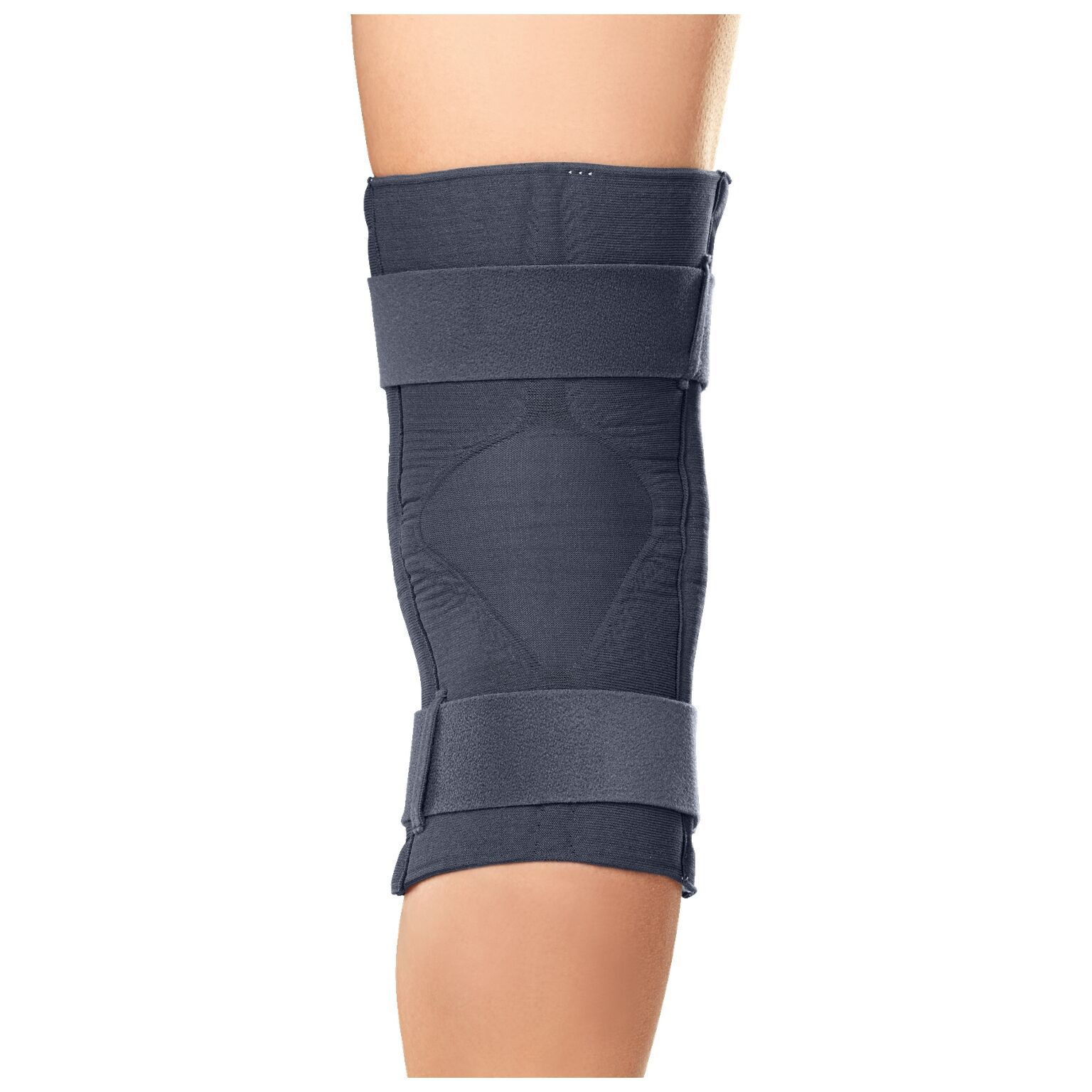 Graue medi Stabimed® Knieorthese. Mit Klettverschlüssen und gepolstertem Bereich für das Knie. Vorderansicht.