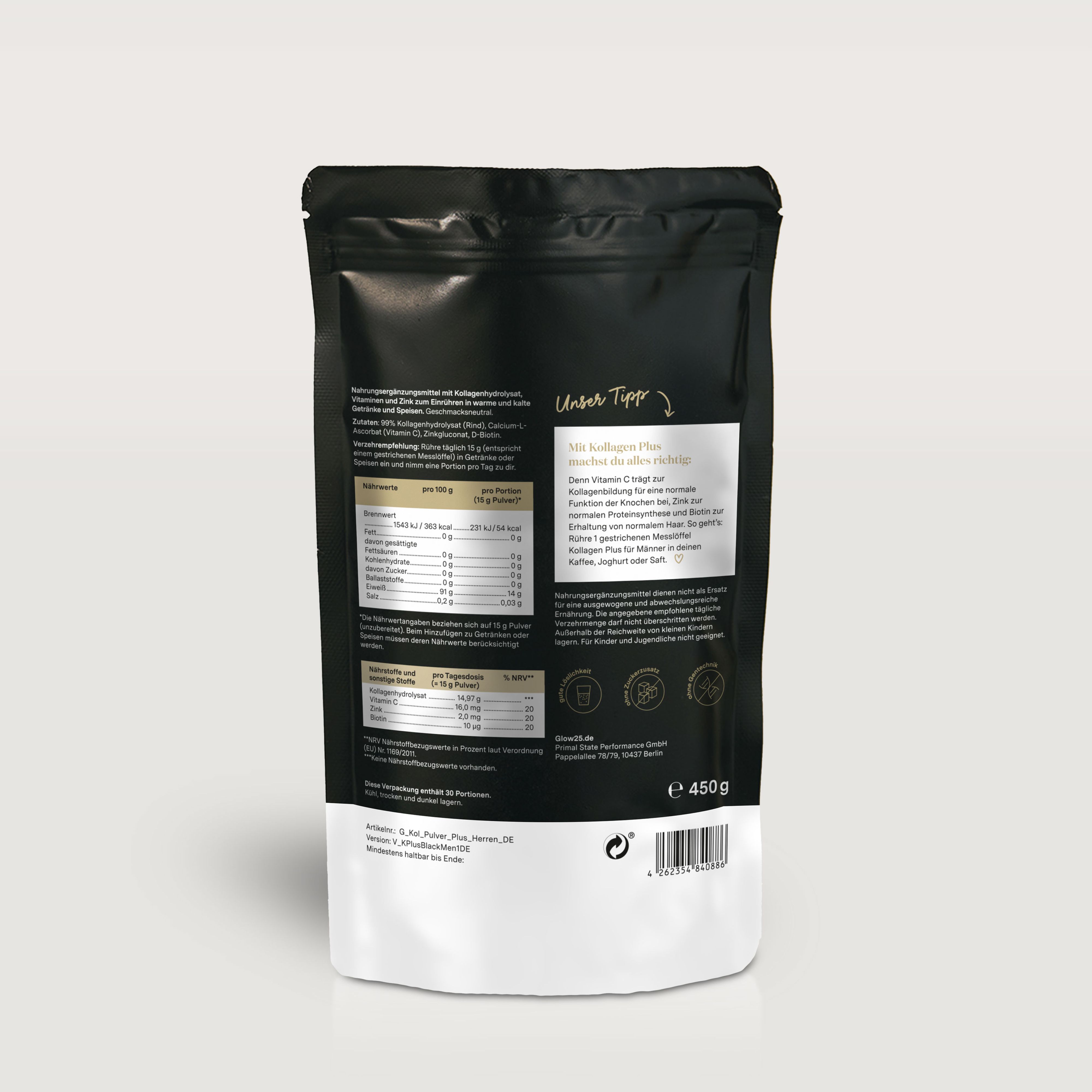 Rückseite des schwarzen Beutels. Enthält Nährwertangaben, Inhaltsstoffe und Anwendungshinweise. E 450g.
