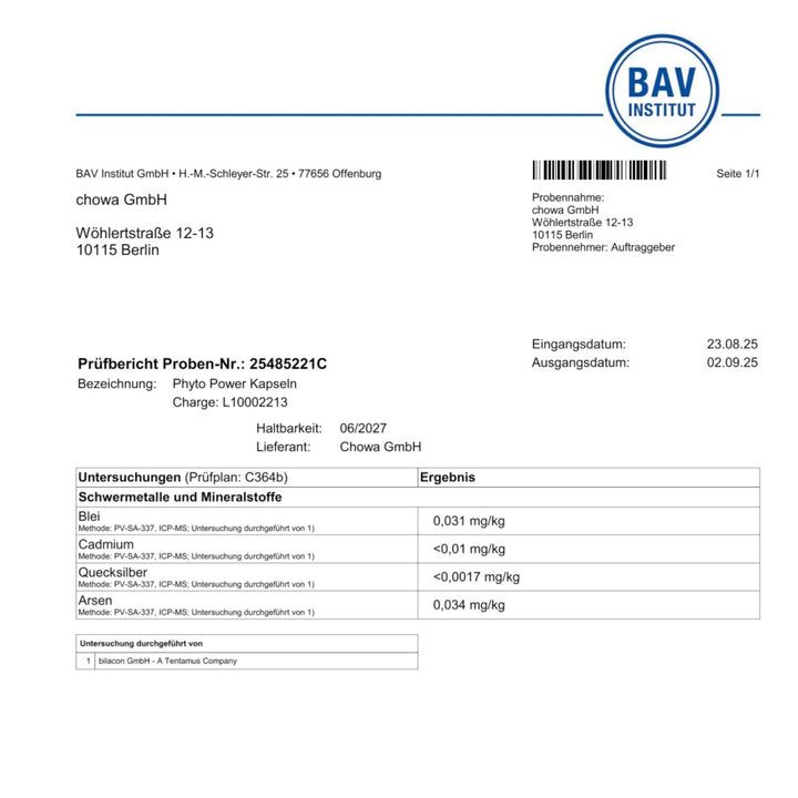 Prüfbericht des BAV Instituts. Angaben zu Schwermetallen in Kapseln.