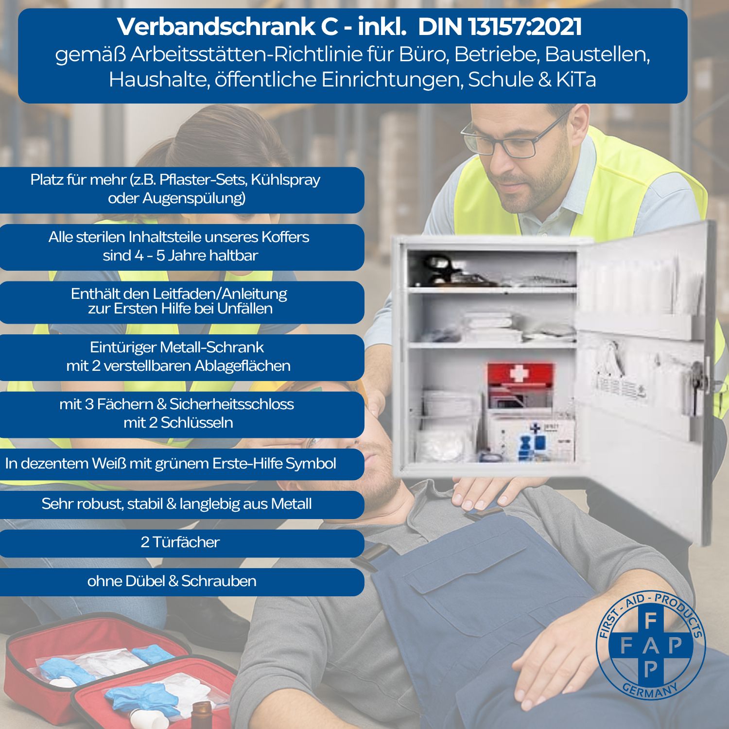 Verbandschrank C, weiß, mit grünem Kreuz. Enthält Erste-Hilfe-Materialien. FAP-Logo. Metallschrank mit 2 Schlüsseln.