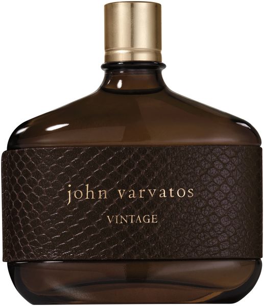 Braune Glasflasche mit goldfarbenem Verschluss und Schlangenleder-Detail. John Varvatos Vintage.