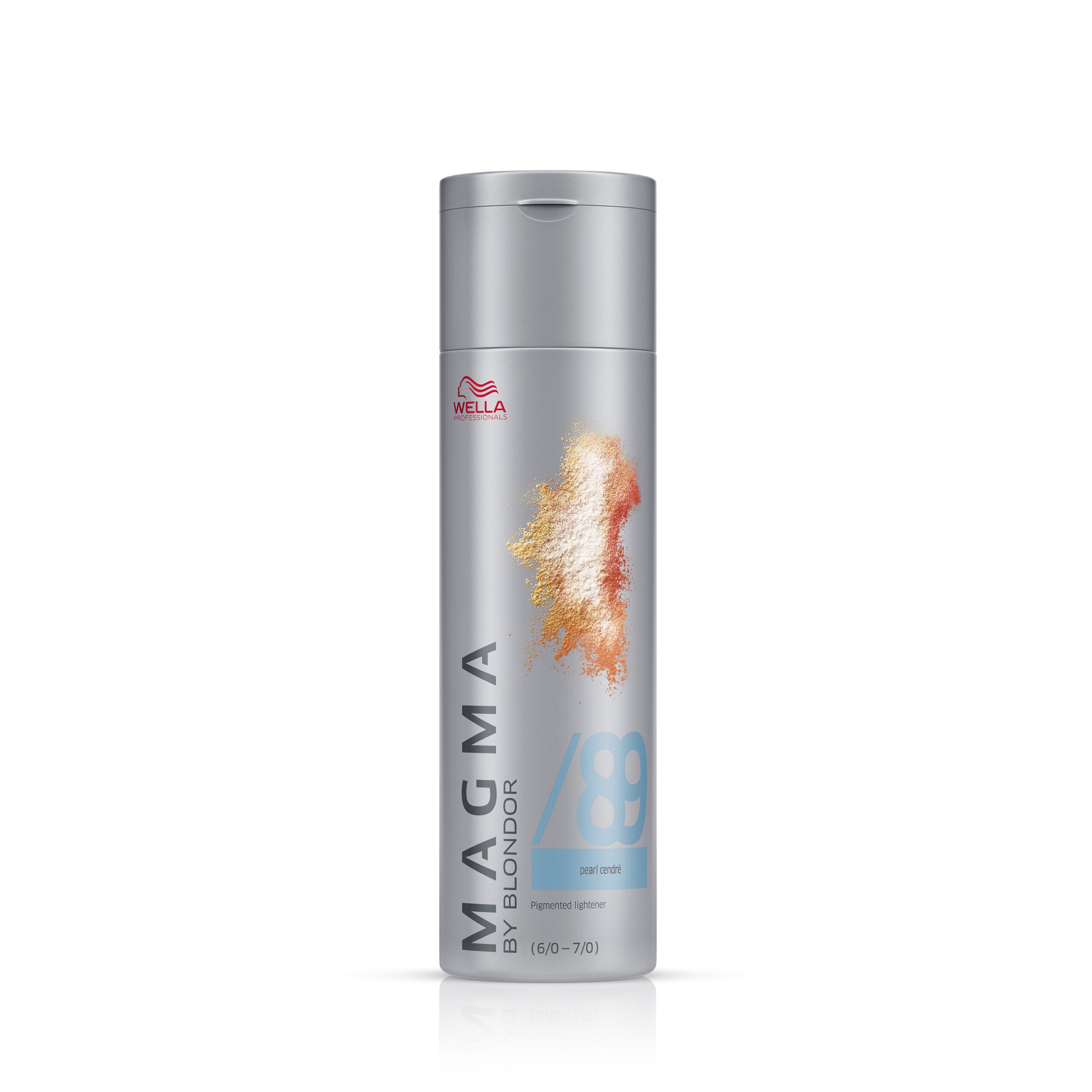 Silberne Flasche mit Wella-Logo und Produktbezeichnung Magma. Farbige Darstellung von Farbtönen. Text: /89 Perl Cendre.