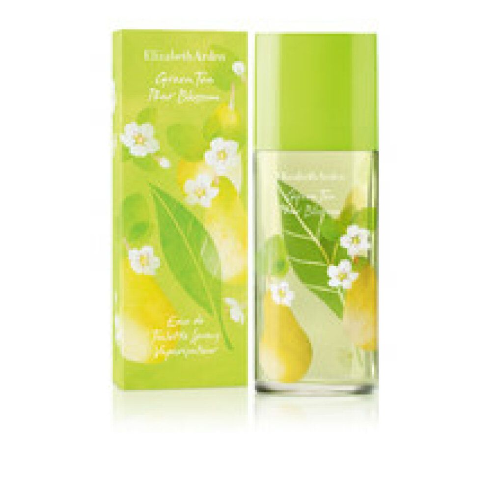 Flakon und Schachtel mit floralem Design. Aufschrift: Elizabeth Arden Green Tea Pear Blossom. Eau de Toilette Spray.