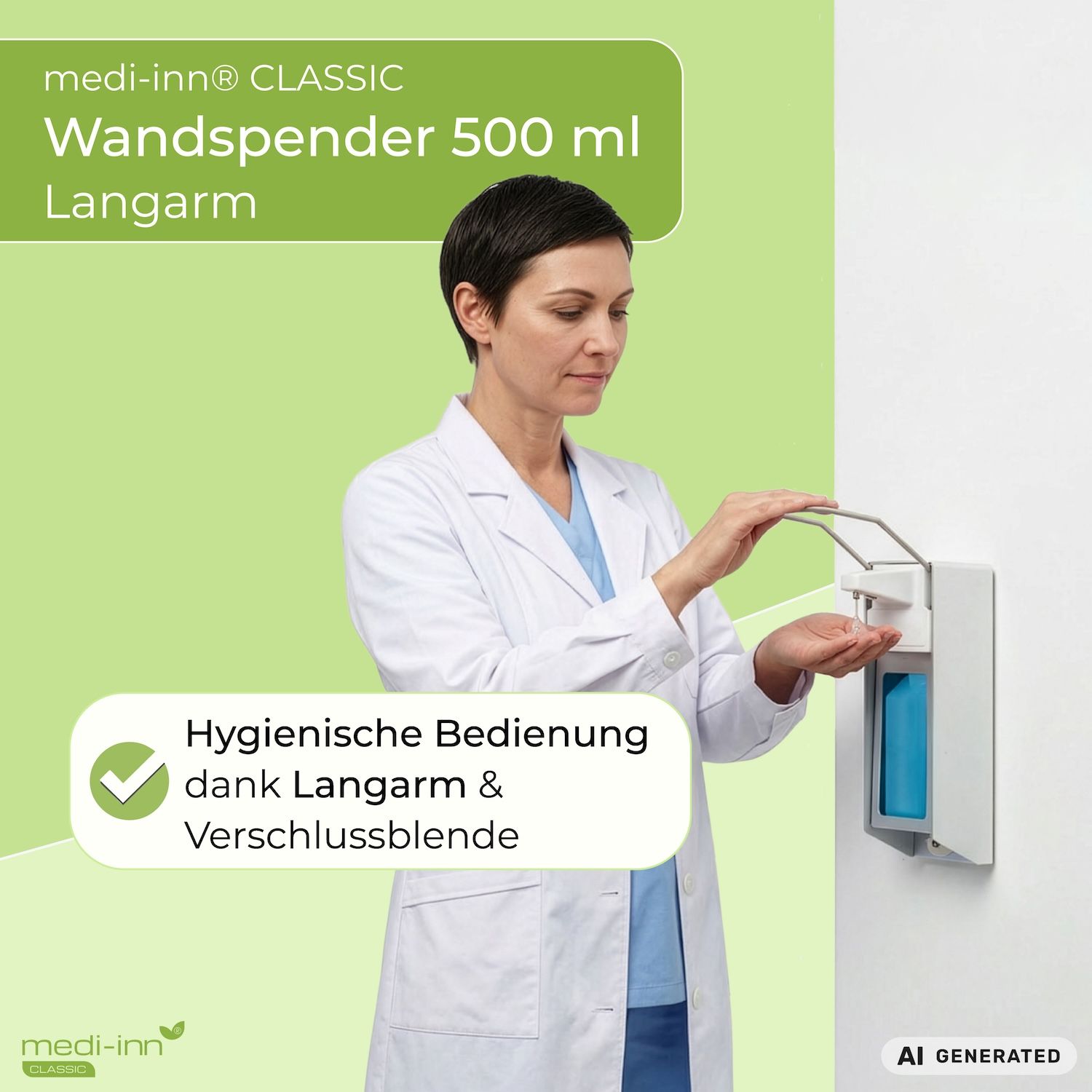 Medi-Inn Wandspender Aluminium, langer Armhebel, mit Verschlussblende, für 500 ml Euroflaschen