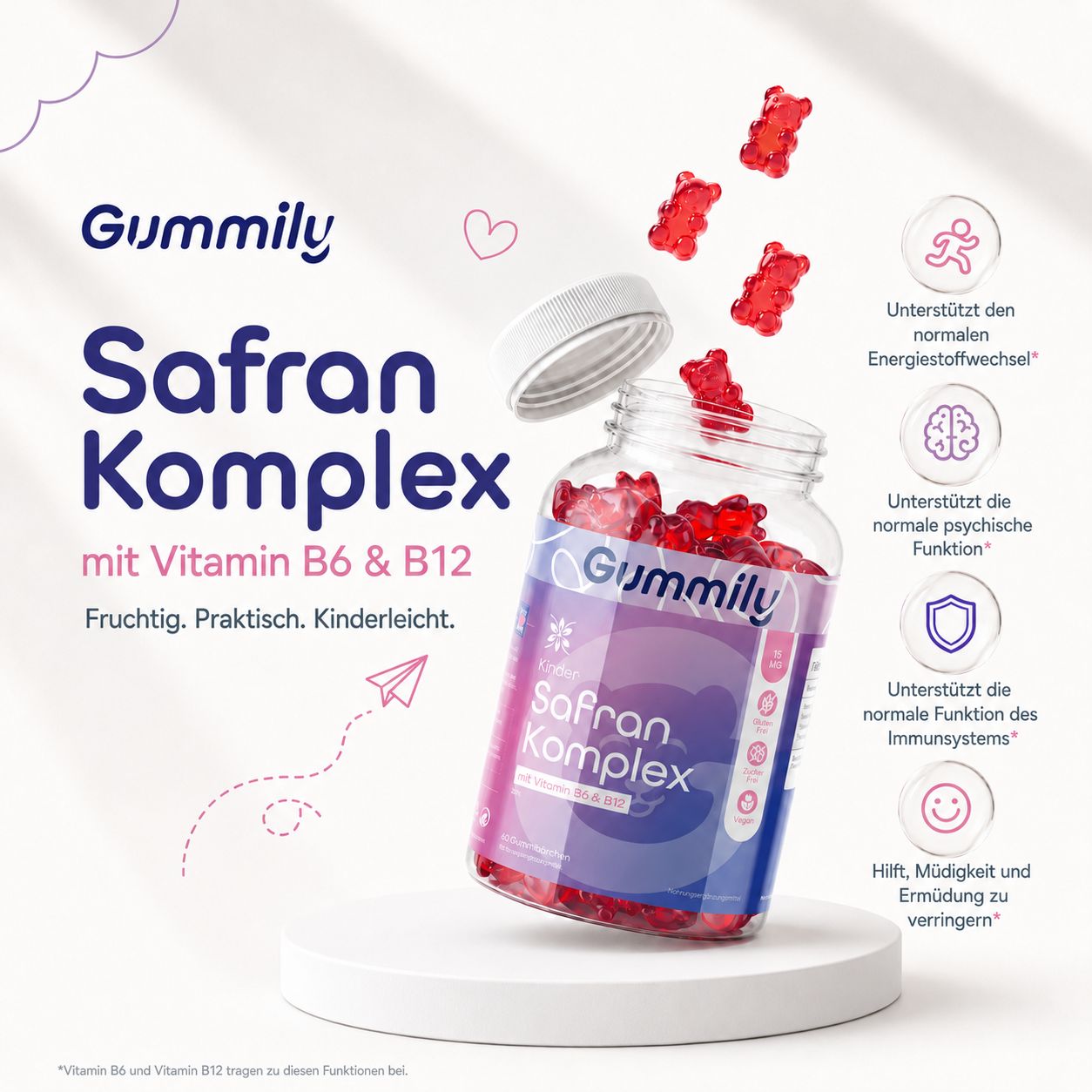 Gummily Safran Komplex Flasche mit herausfallenden Gummibärchen, mit Vitamin B6 & B12.