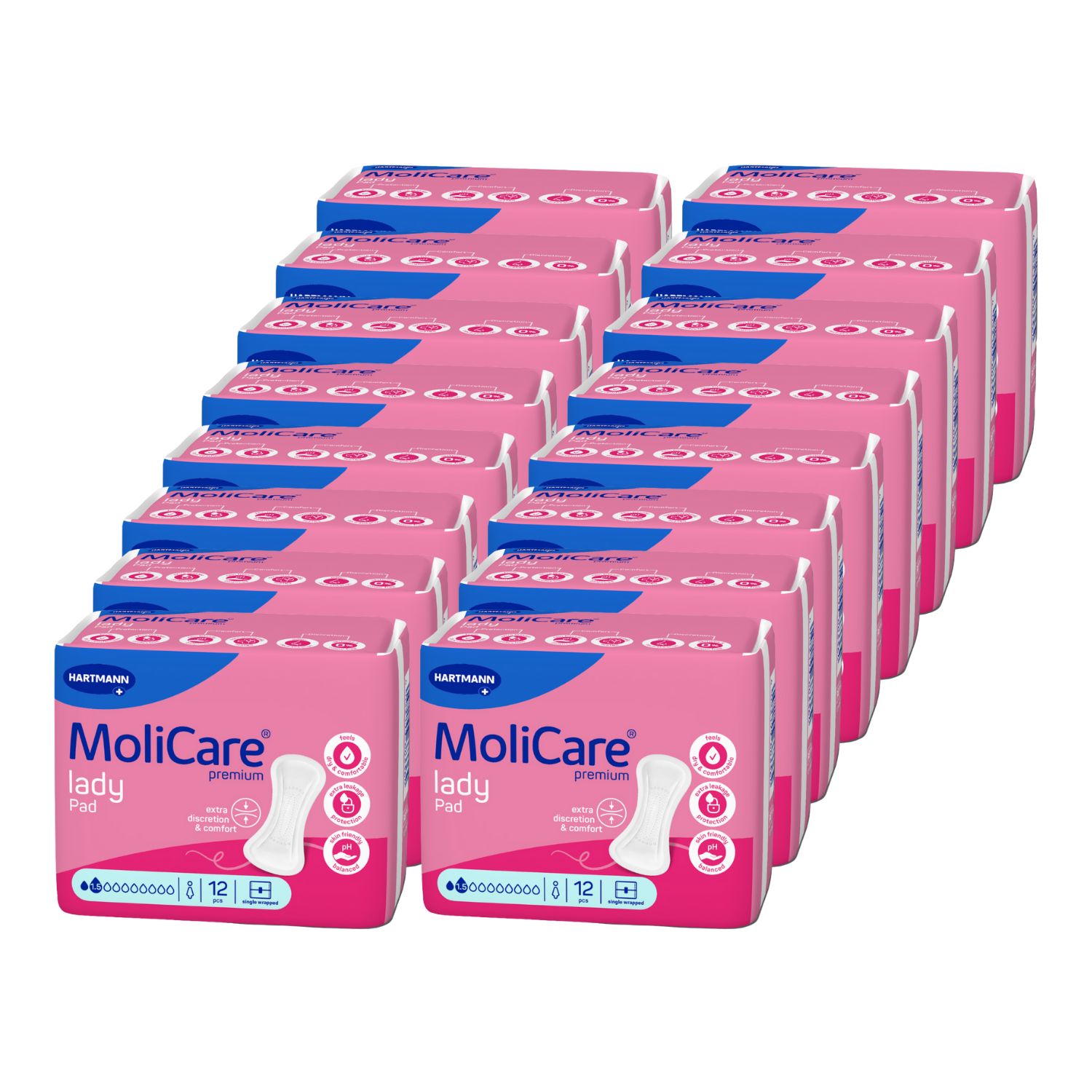 Mehrere Packungen MoliCare lady Pads. Rosa Verpackung mit Produktlogo und Produktabbildung.