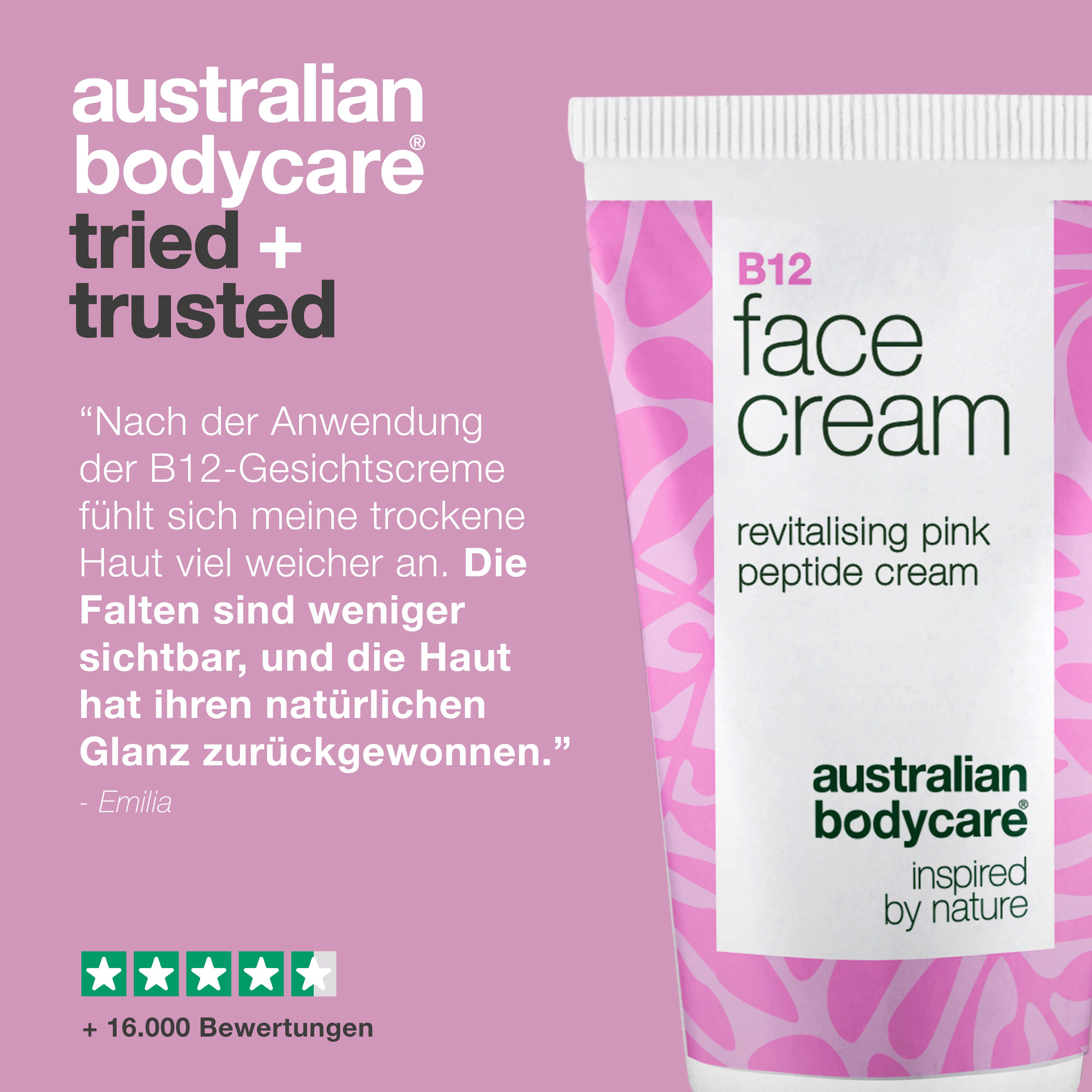 Tube Creme Visage B12. Text: Face Cream, Australian Bodycare. Text: Getestet und vertraut. Zitate und Sterne.