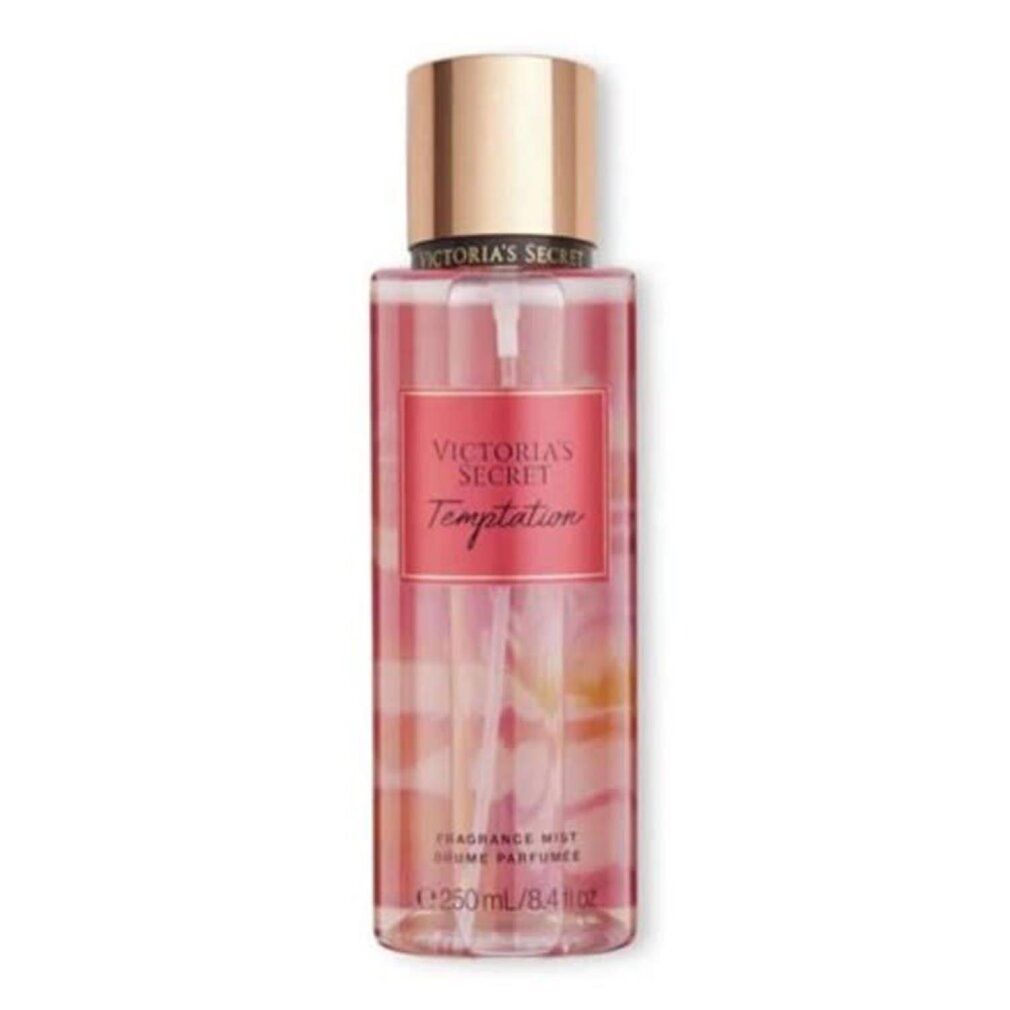 Victoria's Secret Temptation Fragrance Mist Spray. Rosa Flasche mit goldfarbenem Deckel. Text: Victoria's Secret, Temptation.