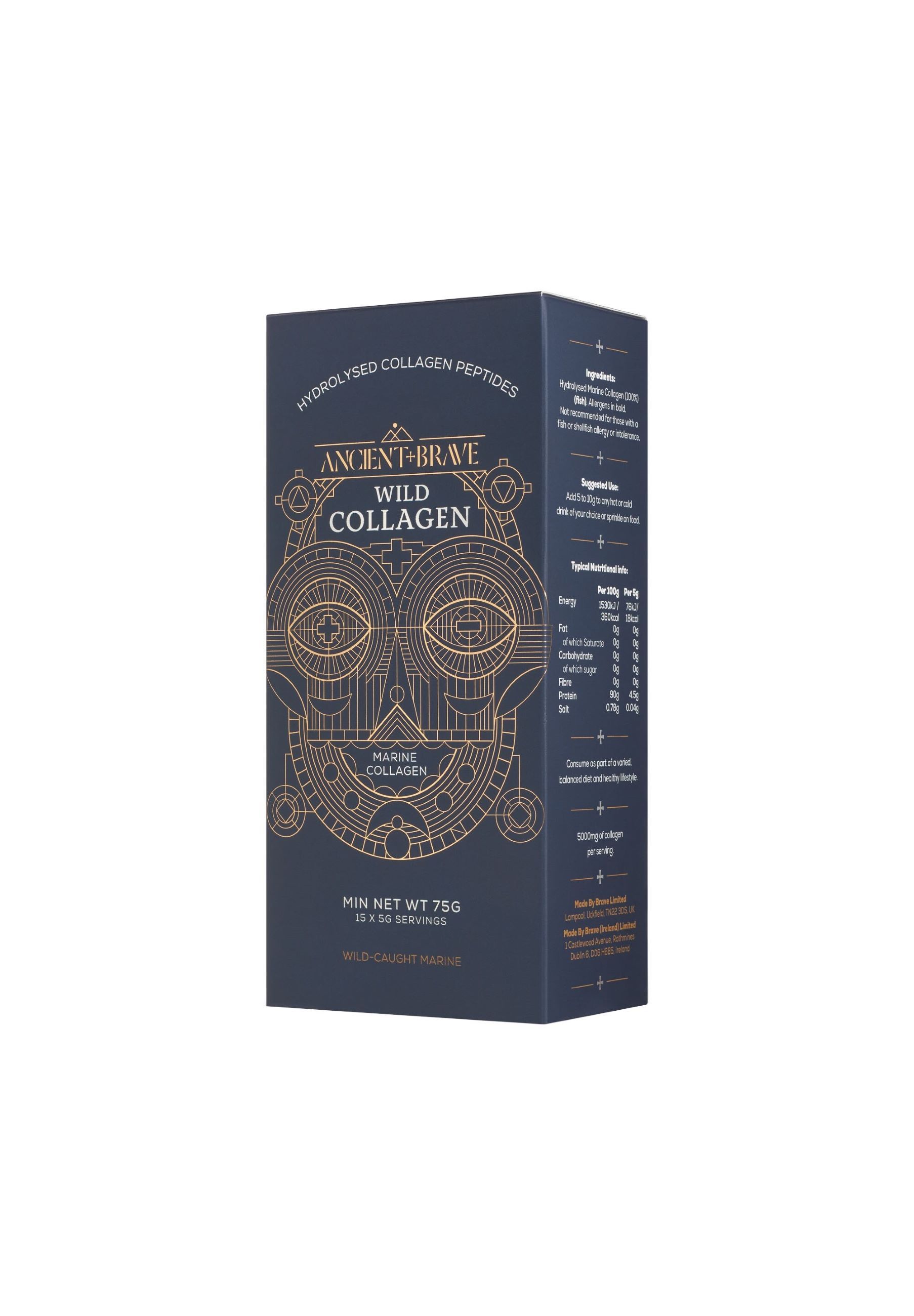 Dunkelblaue Schachtel mit "ANCIENT + BRAVE Wild Collagen". Goldfarbene Schrift und Illustrationen. Seitenansicht mit Nährwertangaben.