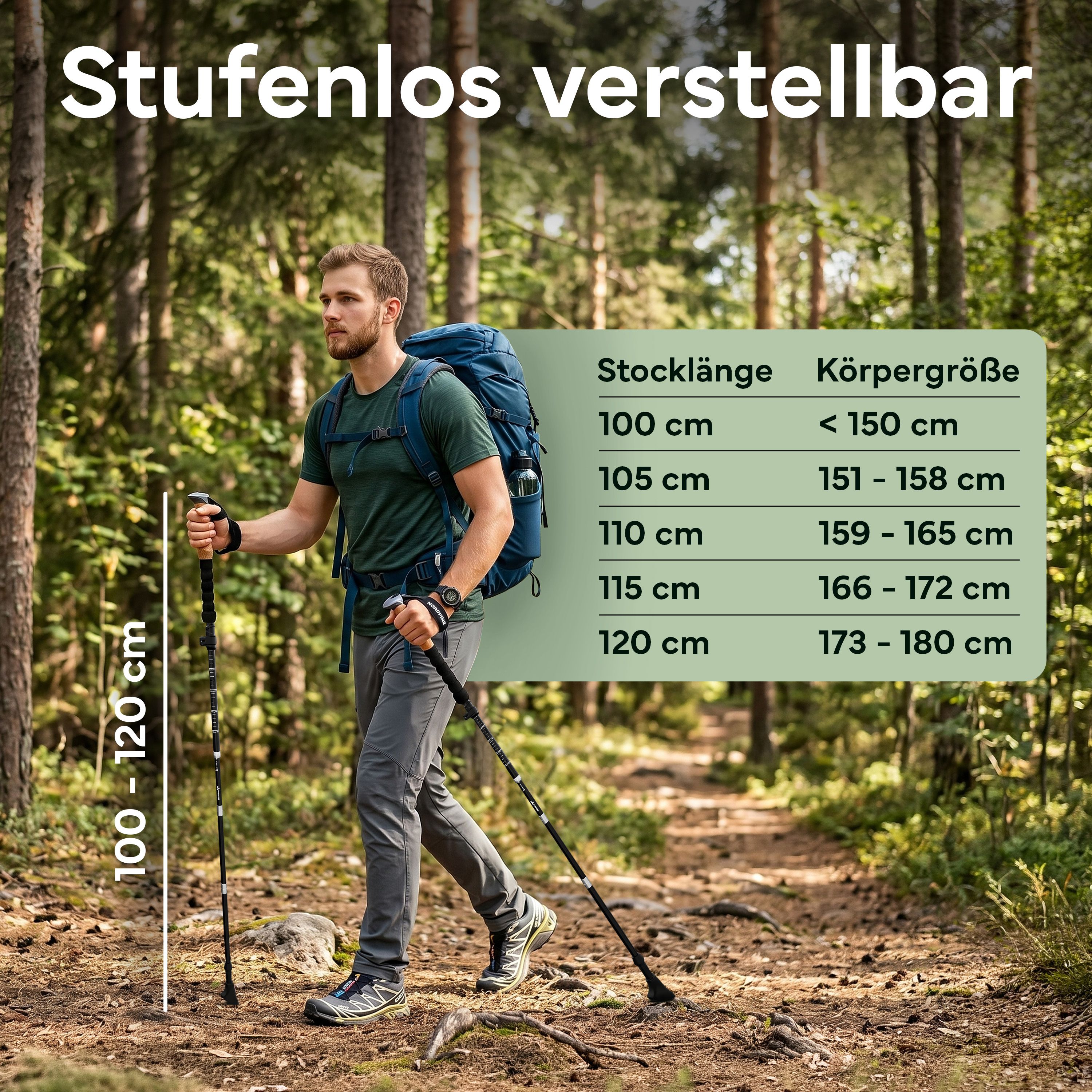Mann benutzt verstellbare Wanderstöcke (100-120 cm) in einem Wald, Größentabelle sichtbar.