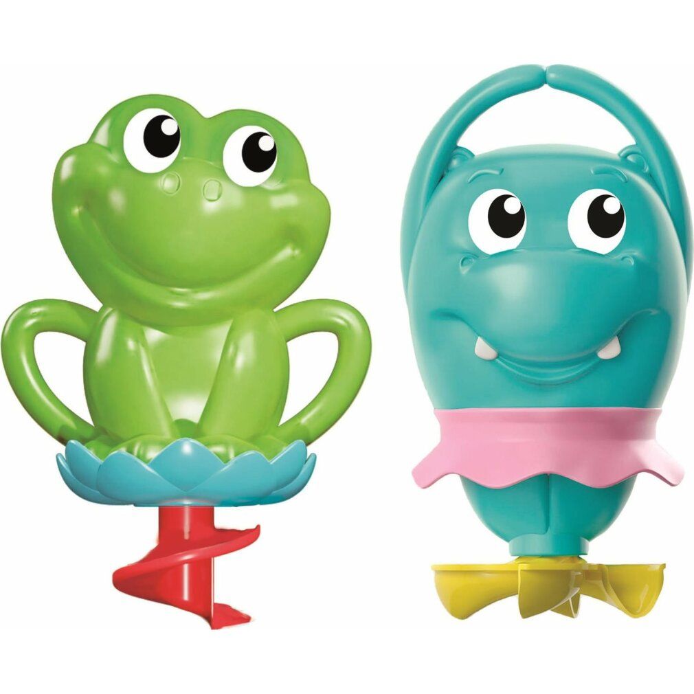 Zwei Badetiere: ein grüner Frosch und ein blaues Nilpferd. Beide haben Augen und einen Propeller. Ohne Verpackung.