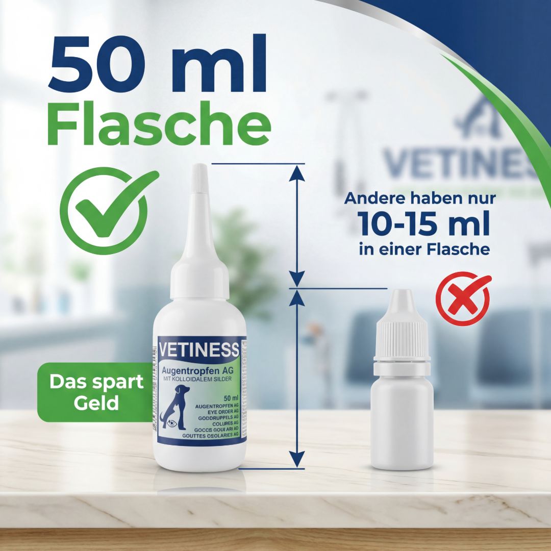Weißes Augentropfen-Fläschchen mit Produktlogo. Text: 50 ml Flasche. Vergleich mit kleinerer Flasche. Text: Das spart Geld.