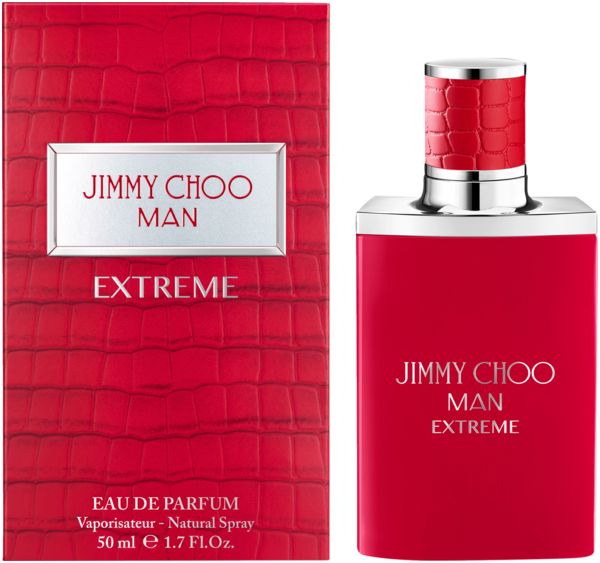 Rotes Parfümflakon und Verpackung. Aufschrift: JIMMY CHOO MAN EXTREME. Verpackung mit Krokodilmuster.