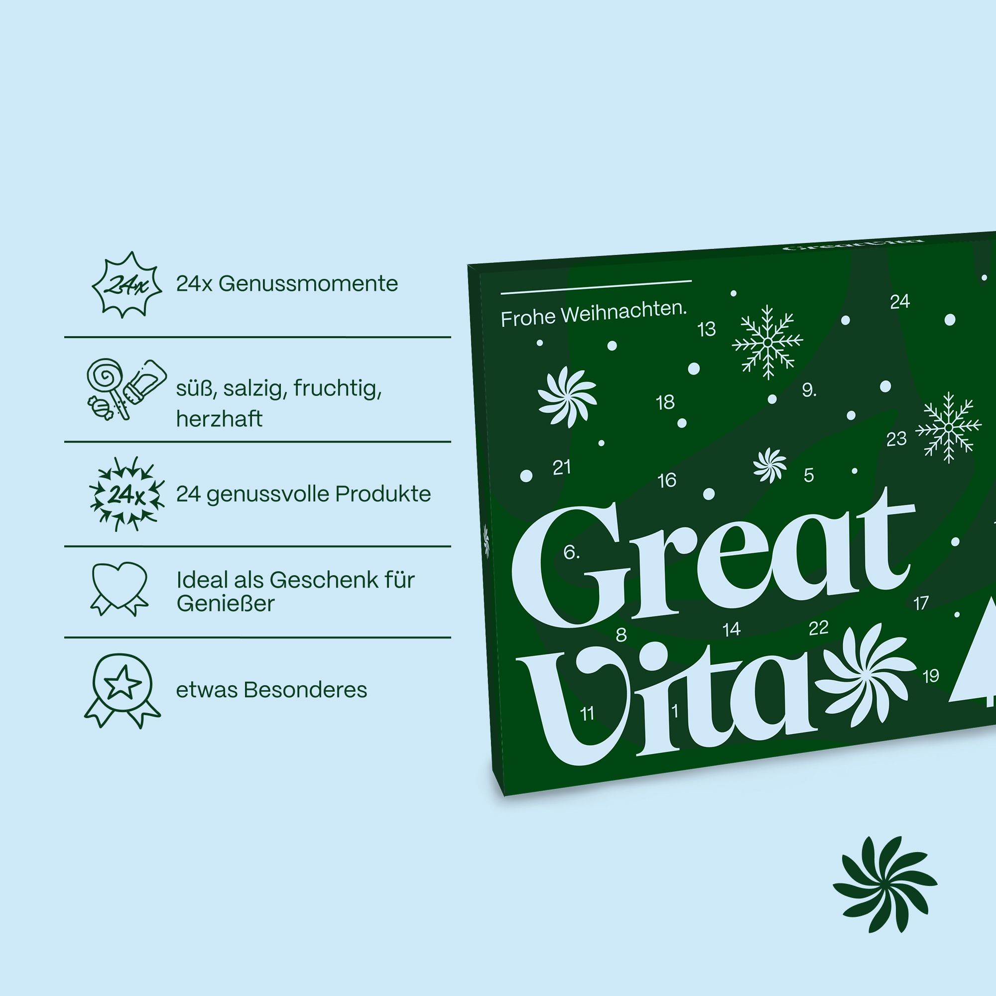 Grüner Adventskalender mit "Great Vita" Schriftzug und Schneeflocken-Motiven. Enthält 24 Türchen.