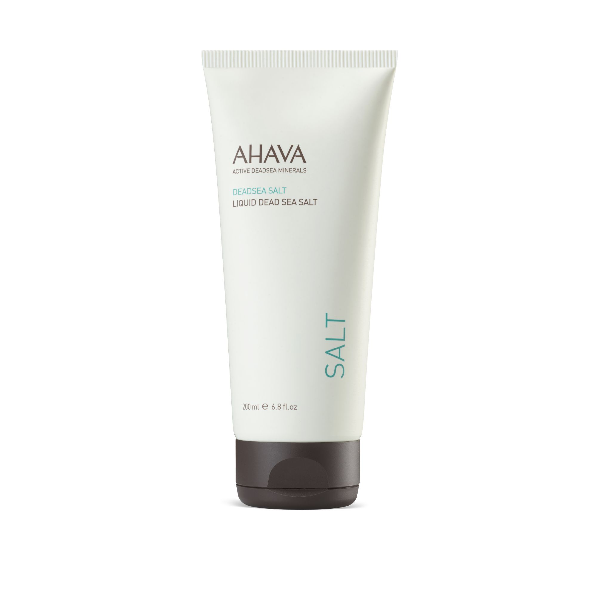Weiß-grüne Tube mit braunem Deckel. Aufschrift AHAVA, DEADSEA SALT, LIQUID DEAD SEA SALT. Auf der Seite steht SALT.