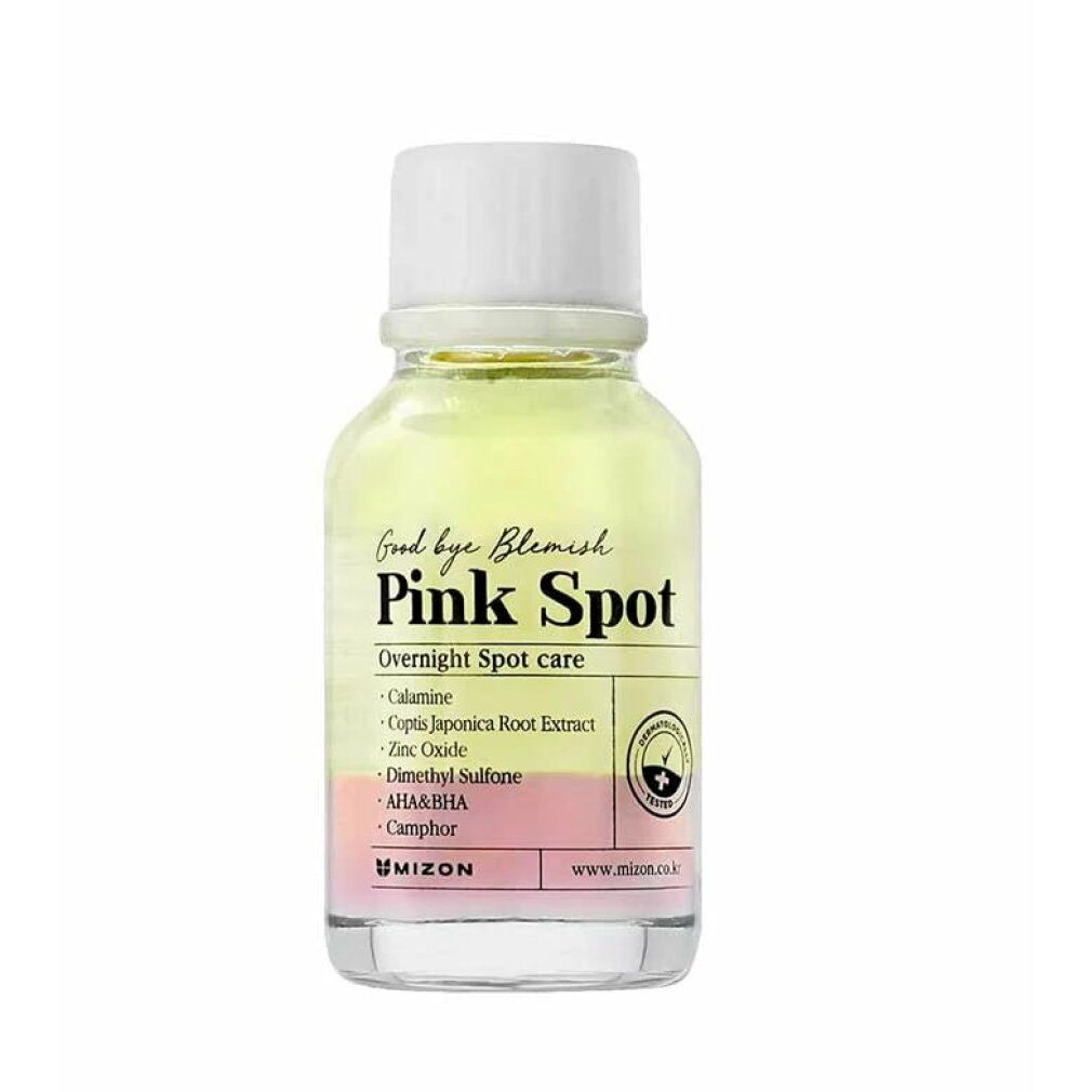 Klarflüssige Flasche mit weißem Deckel. Aufschrift: Good bye Blemish Pink Spot. Inhaltsstoffe aufgelistet. Marke: Mizon.