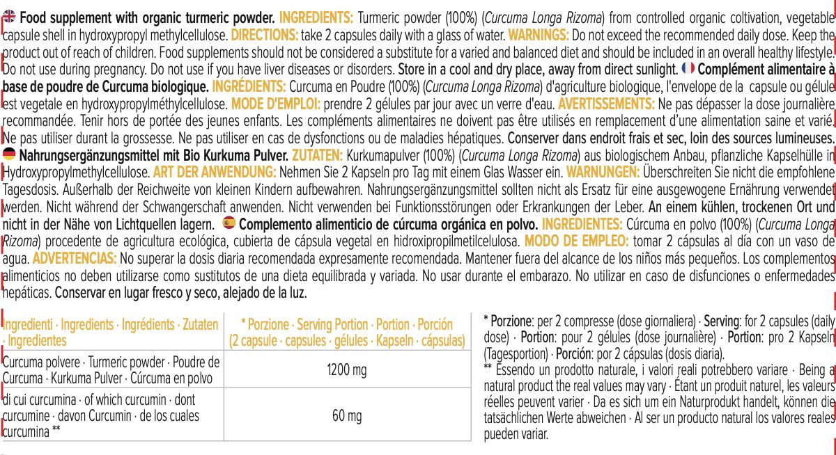Produktinformationen zu ERBOTECH Curcuma BIO. Zutatenliste, Dosierung, Warnhinweise. Text in mehreren Sprachen.