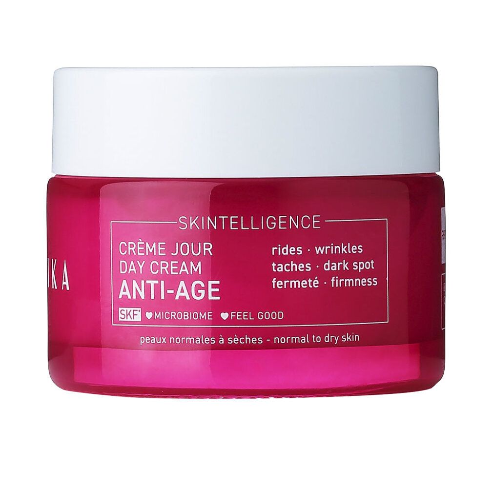 Rosa Tiegel mit weißer Aufschrift. Enthält Crème Jour Day Cream Anti-Age. Für normale bis trockene Haut. Mit SKP Microbiome Feel Good.