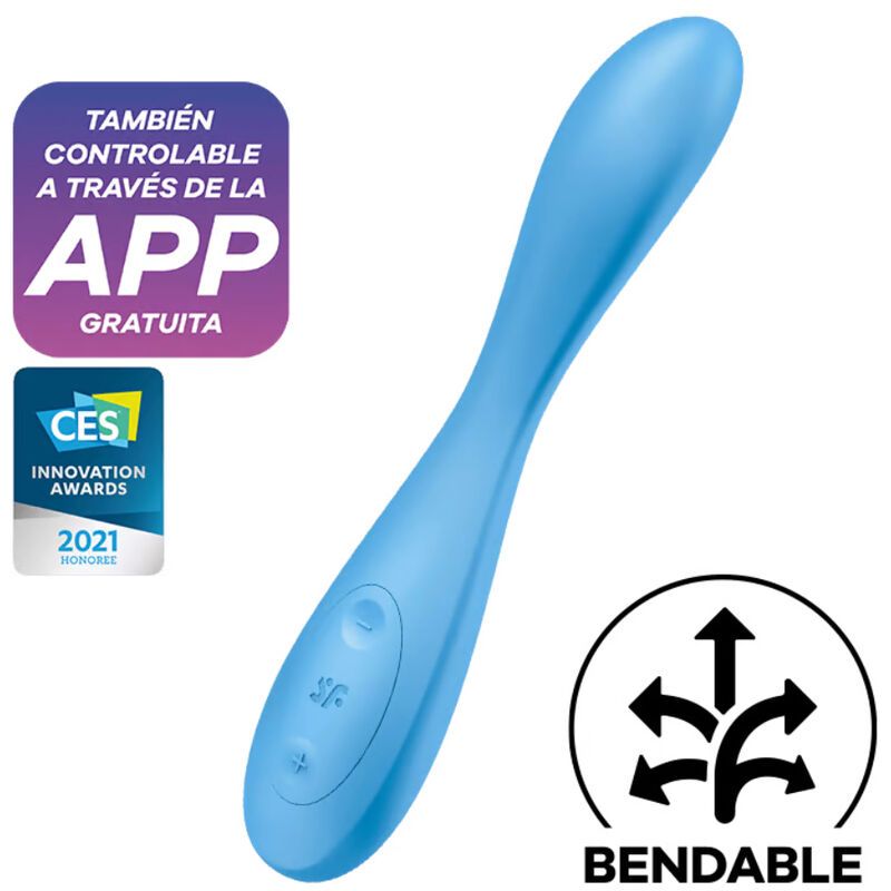 Blauer Vibrator mit Bedienknöpfen. Text: 'Bendable', 'App gratuita'.