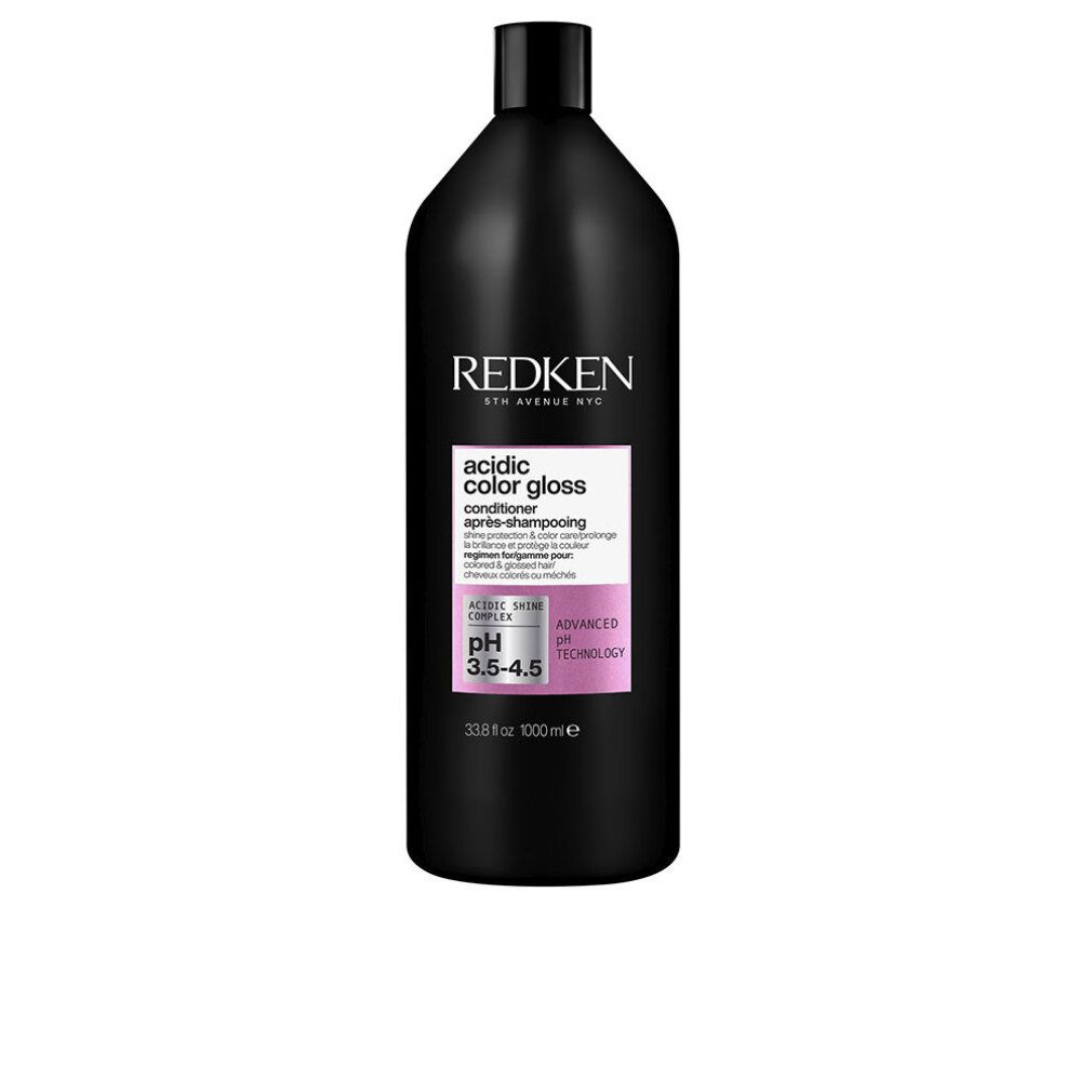 Schwarze Flasche mit Etikett. Aufschrift: Redken, acidic color gloss, Conditioner. pH 3.5-4.5. 1000ml.