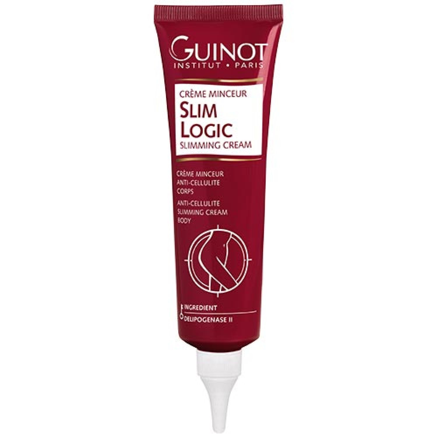 Rote Tube mit weißem Applikator. Text: Guinot, Crème Minceur Slim Logic, Anti-Cellulite, Body. Abbildung einer Frau.