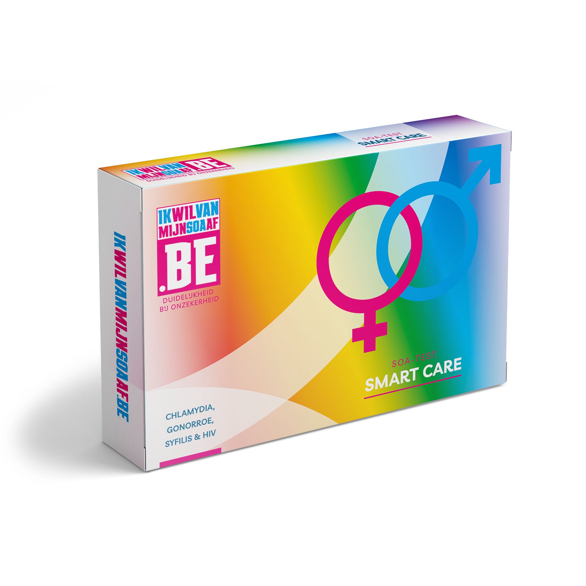Verpackung mit Regenbogenhintergrund. Text: IKWILMIJNSOAAFB, SMART CARE. Enthält Chlamydien, Gonorrhöe, Syphilis & HIV.