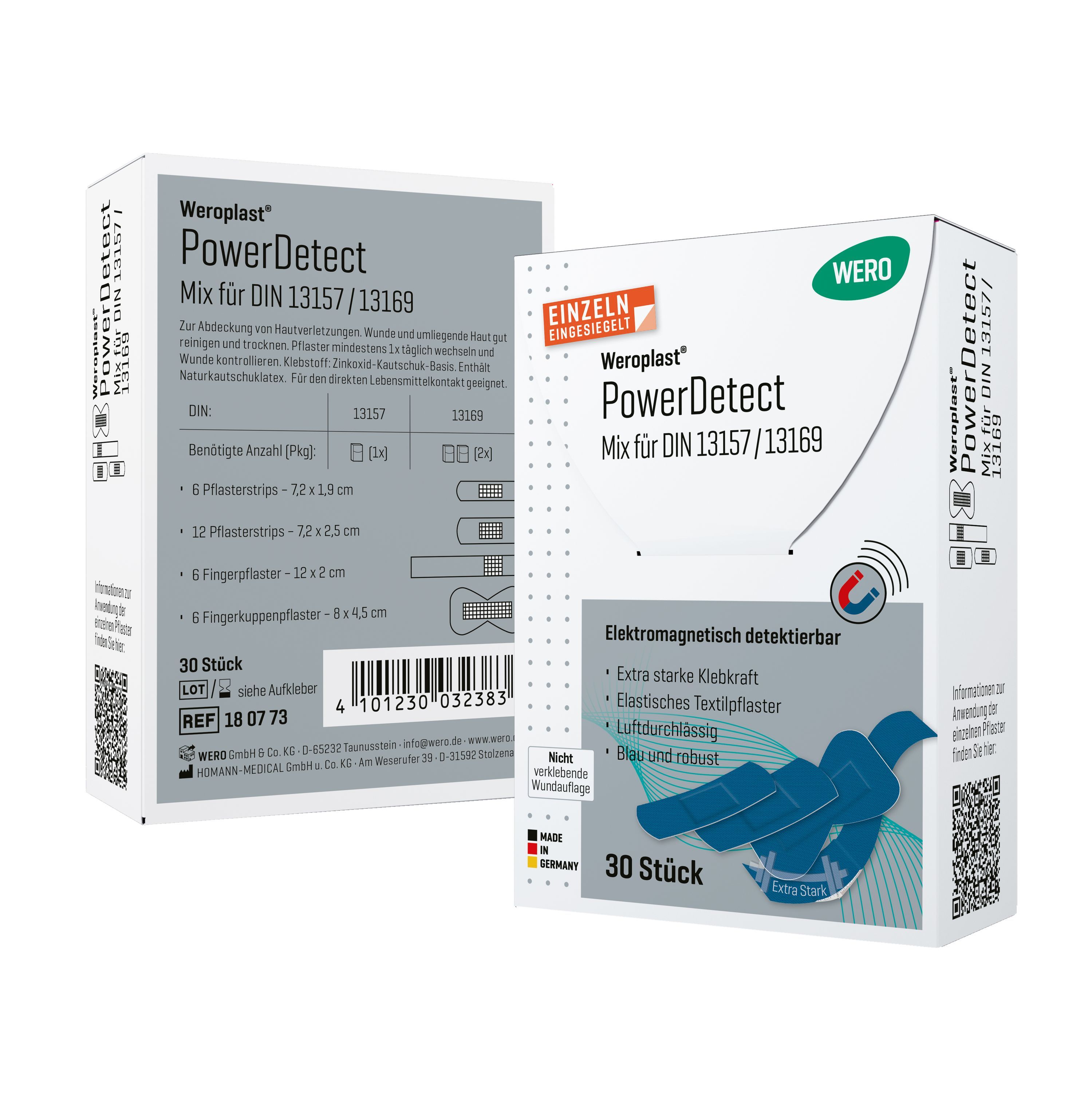 WERO Weroplast PowerDetect Pflaster Mix Packung. Weiße Schachtel mit Produktinformationen, Logo und Inhaltsangabe.