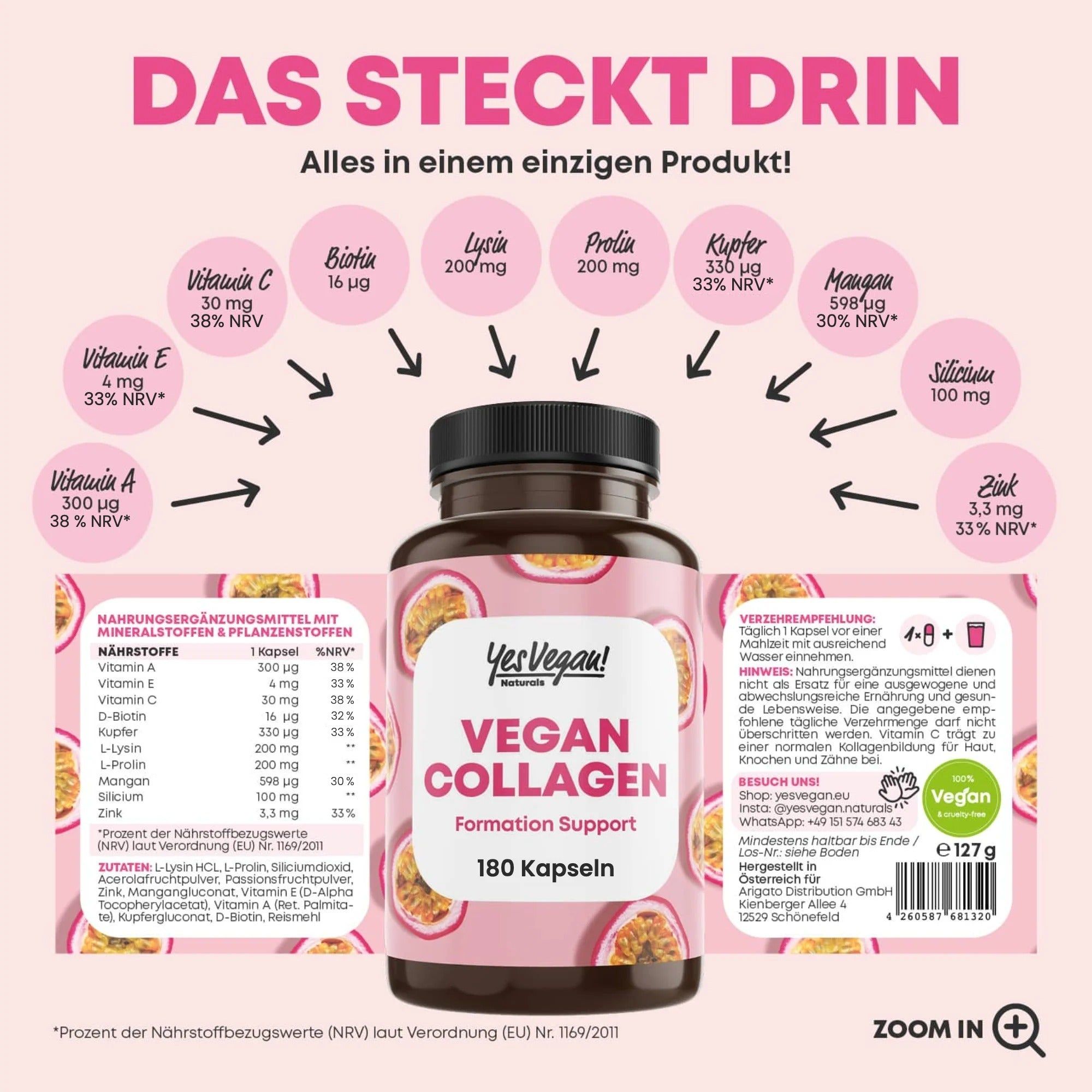 Flasche mit 180 veganen Kollagenkapseln. Enthält eine Nährwerttabelle und listet Inhaltsstoffe wie Vitamin C, Biotin und Lysin auf.