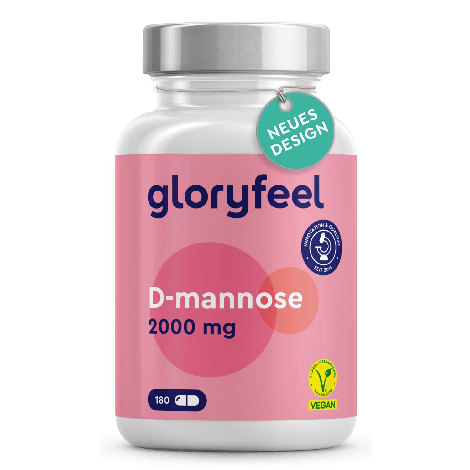 Weiße Flasche mit rosa Etikett. Aufschrift: gloryfeel D-Mannose 2000 mg. 180 Kapseln. Grünes Vegan-Siegel. Neues Design-Anhänger.