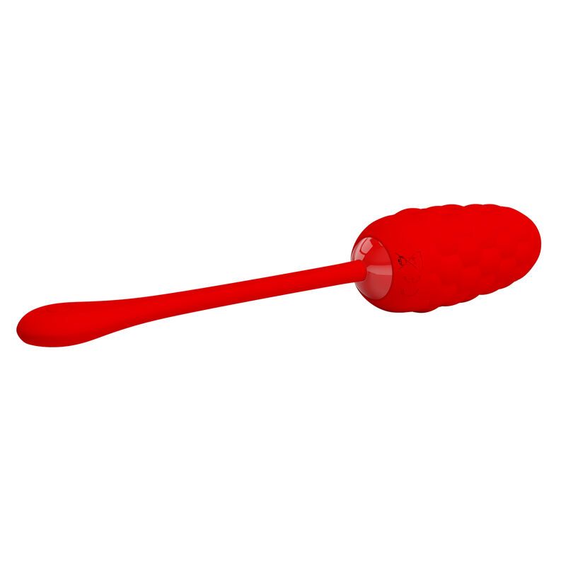 Rotes Massagegerät aus Silikon. Besteht aus einem länglichen Griff und einem strukturierten, eiförmigen Kopf.