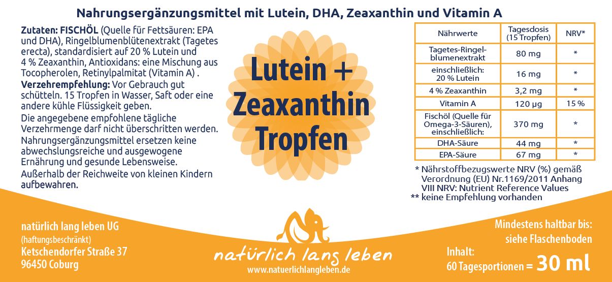 Etikett mit Informationen zu "Lutein + Zeaxanthin Tropfen". Enthält Nährwertangaben, Inhaltsstoffe und Herstellerinformationen.