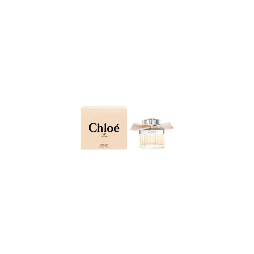 Chloé Eau de Parfum Flakon mit Schleife und Karton. Aufschrift: Chloé, Eau de Parfum.