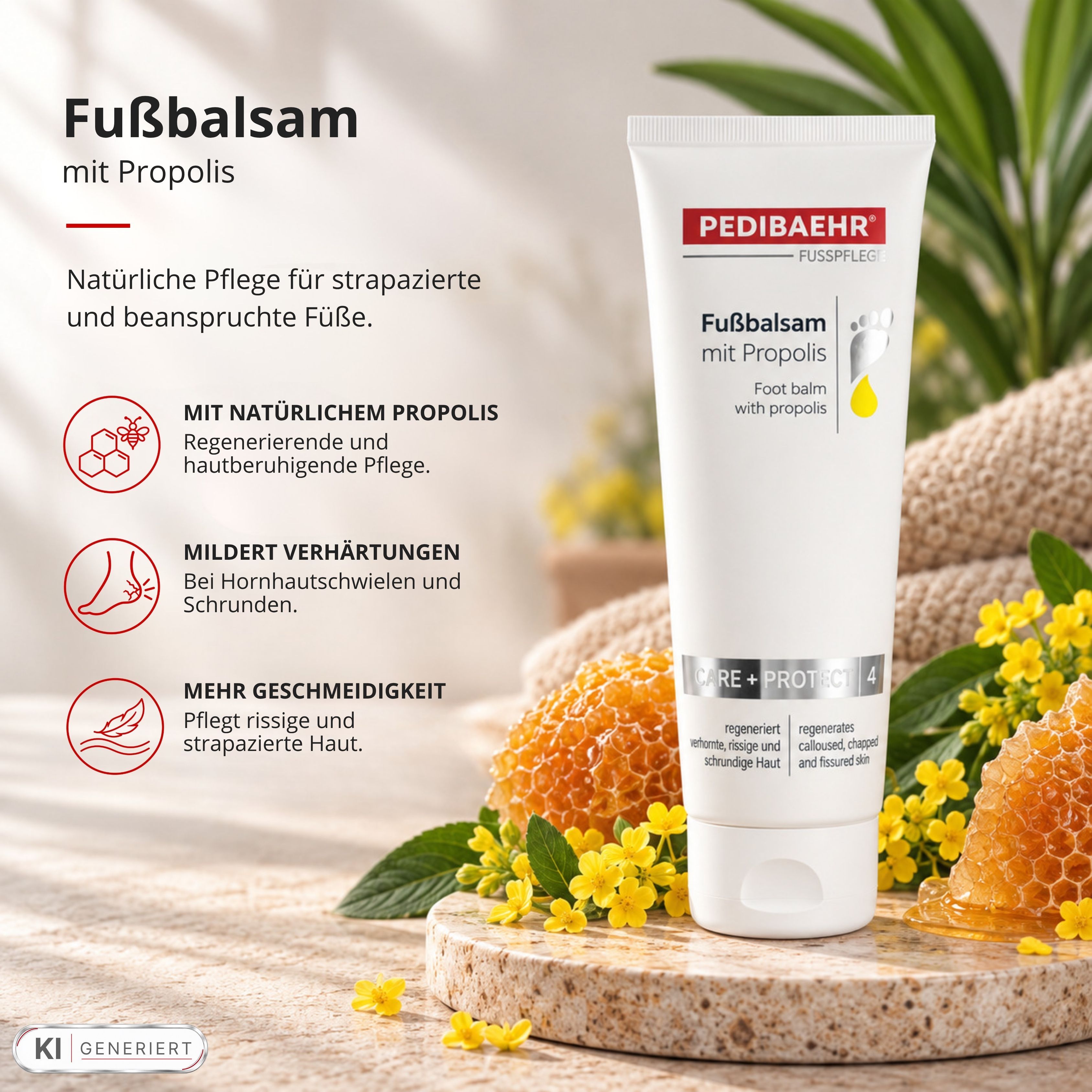 Pedibaehr Fußbalsam mit Propolis Tube, umgeben von Honigwaben und gelben Blüten.