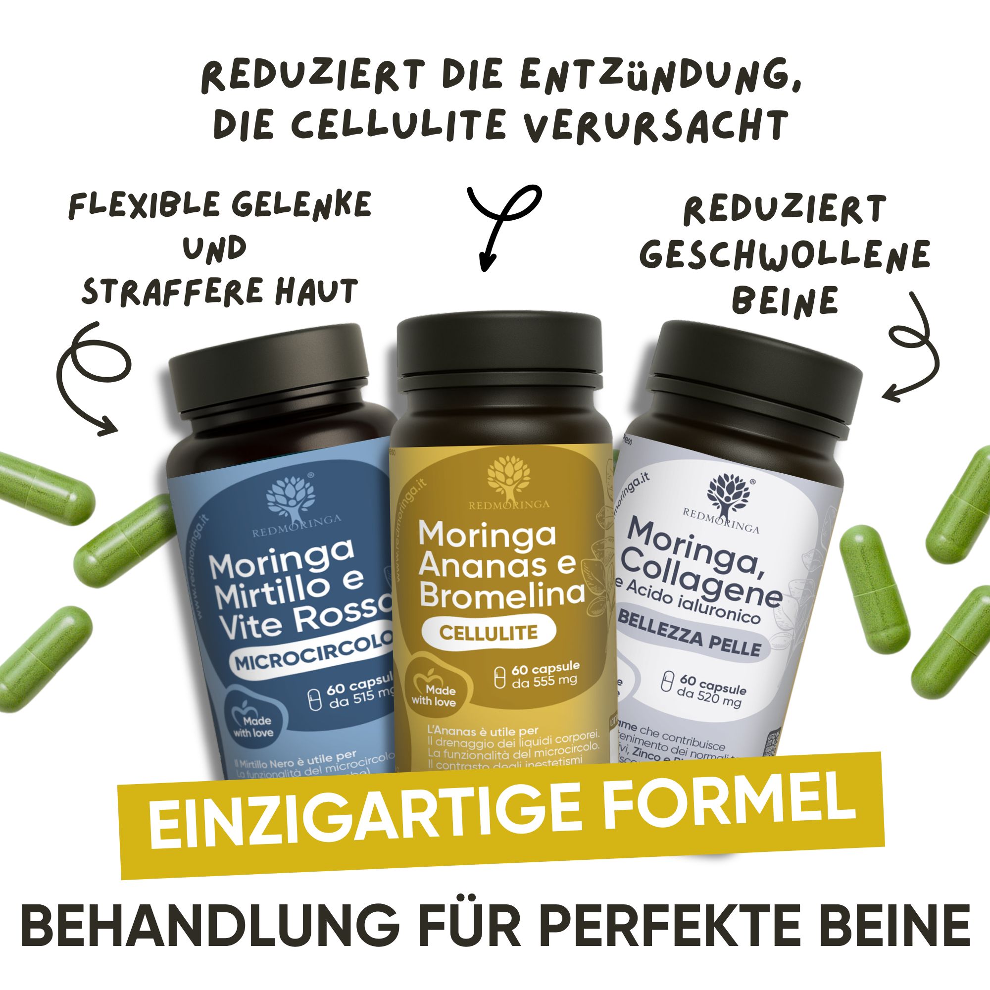 RedMoringa Flaschen mit Fokus auf die Vorteile für Beine, Haut und Mikrozirkulation.