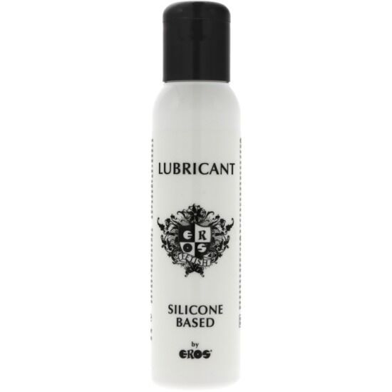 Weißes Fläschchen mit schwarzem Deckel. Aufschrift: LUBRICANT, SILICONE BASED, by EROS. Logo mit GR und Ornamenten.