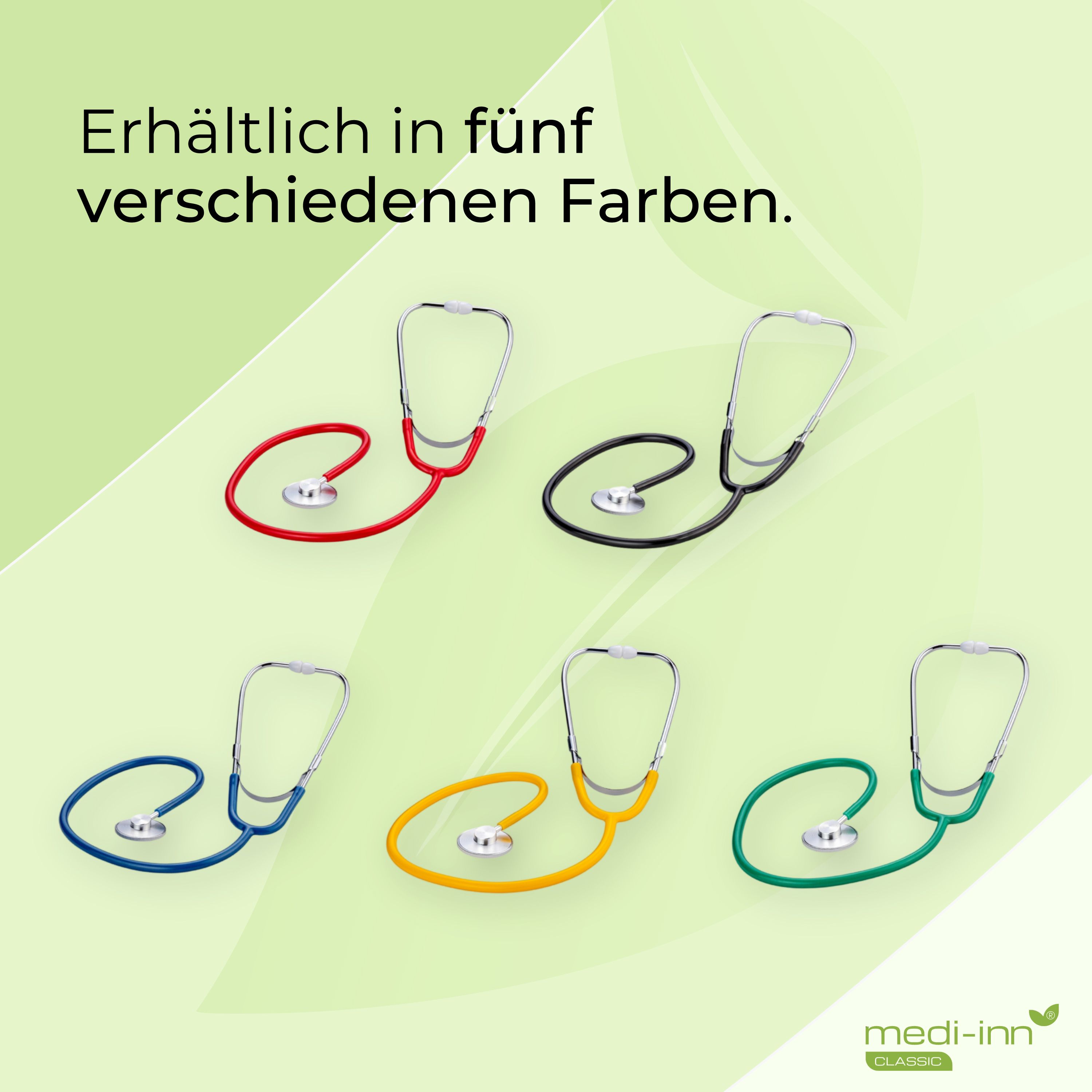 Medi-Inn Stethoskope in fünf Farben: Rot, Schwarz, Blau, Gelb, Grün.