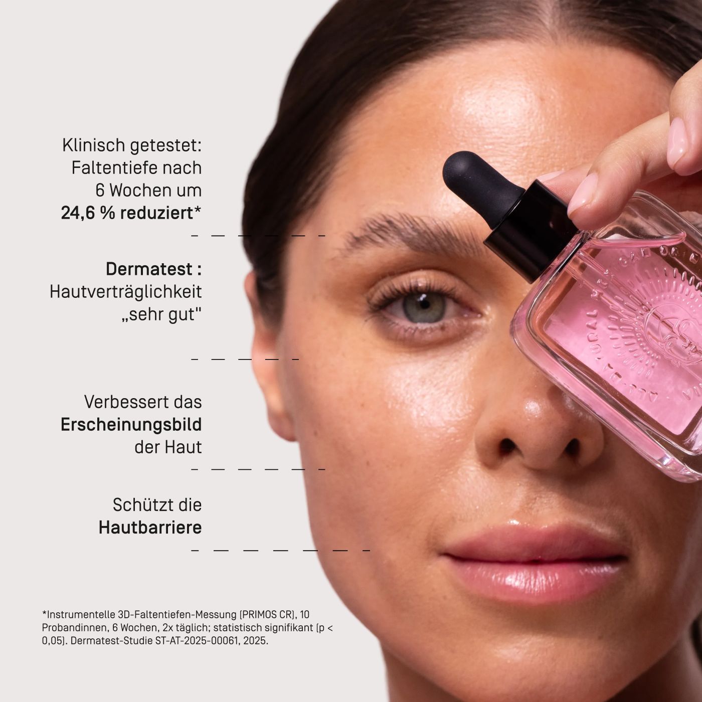 Viva Maia Regenerating Serum Flasche mit Pipette vor Gesicht. Text beschreibt klinische Testergebnisse und Hautschutz.