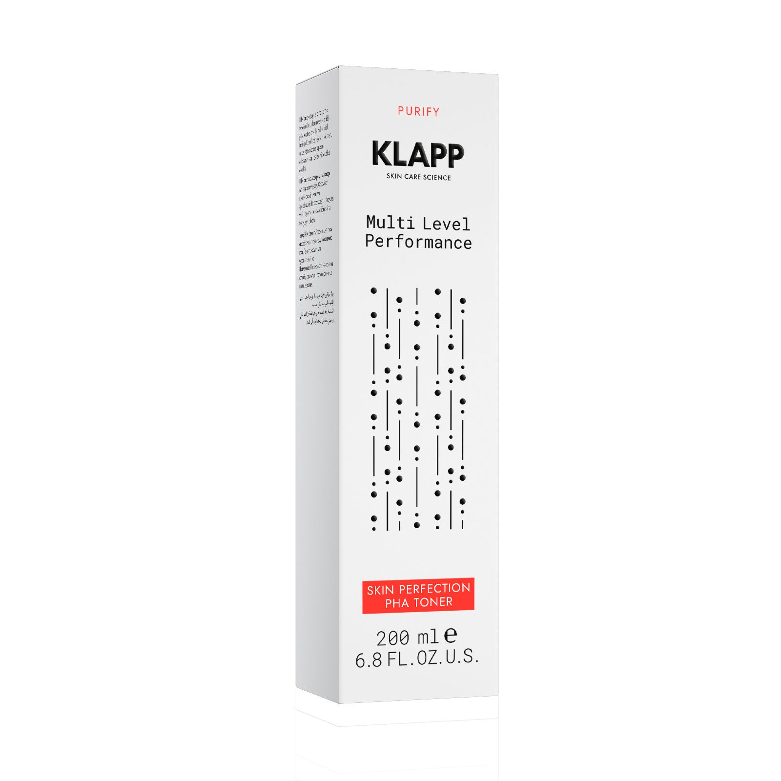 KLAPP Kartonverpackung mit 'PURIFY', 'KLAPP', 'Multi Level Performance', 'SKIN PERFECTION PHA TONER', 200 ml.