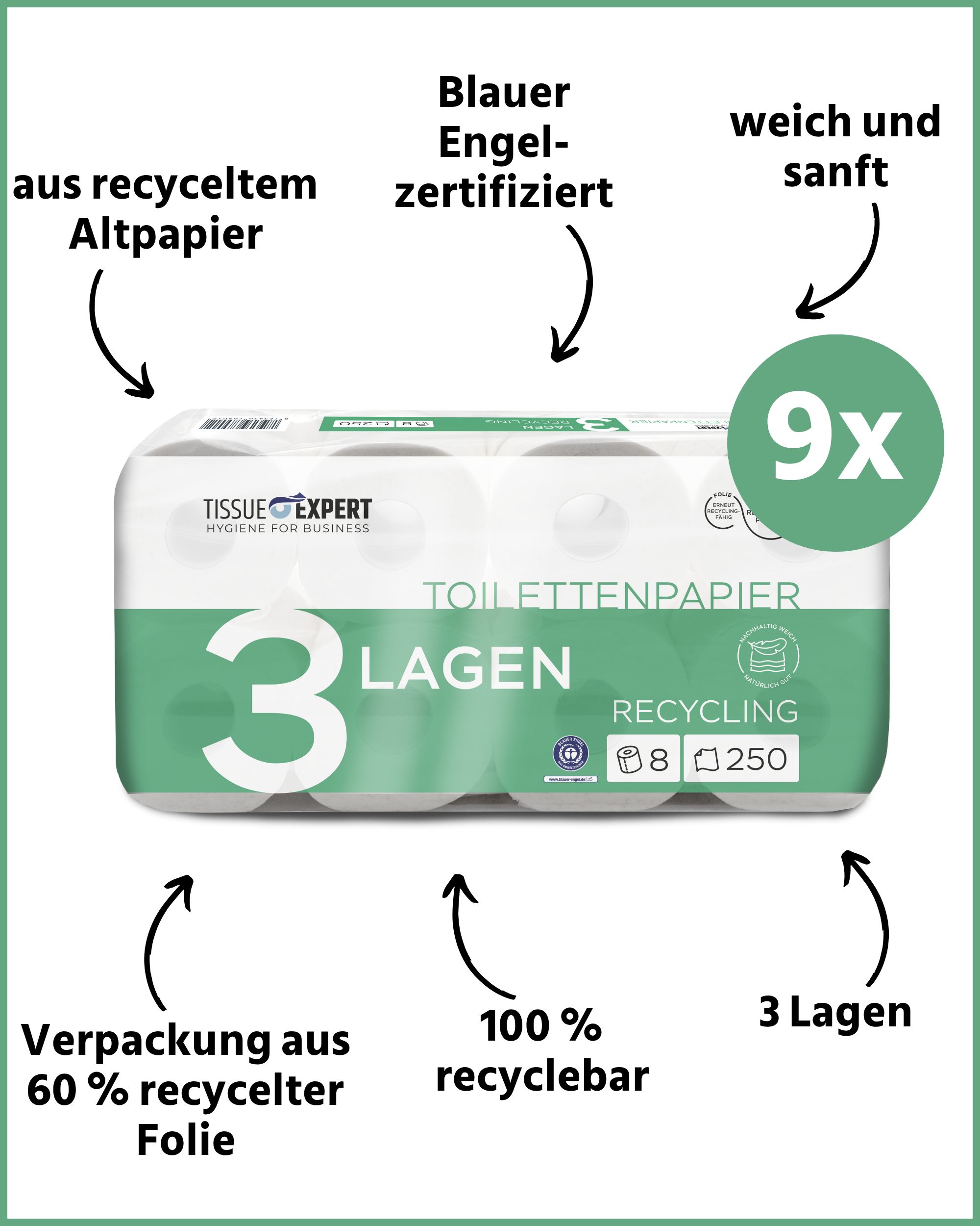 Packung Toilettenpapier, 9 Rollen. 3-lagig, aus Recyclingpapier, weich und sanft. Verpackung aus 60% recycelter Folie.