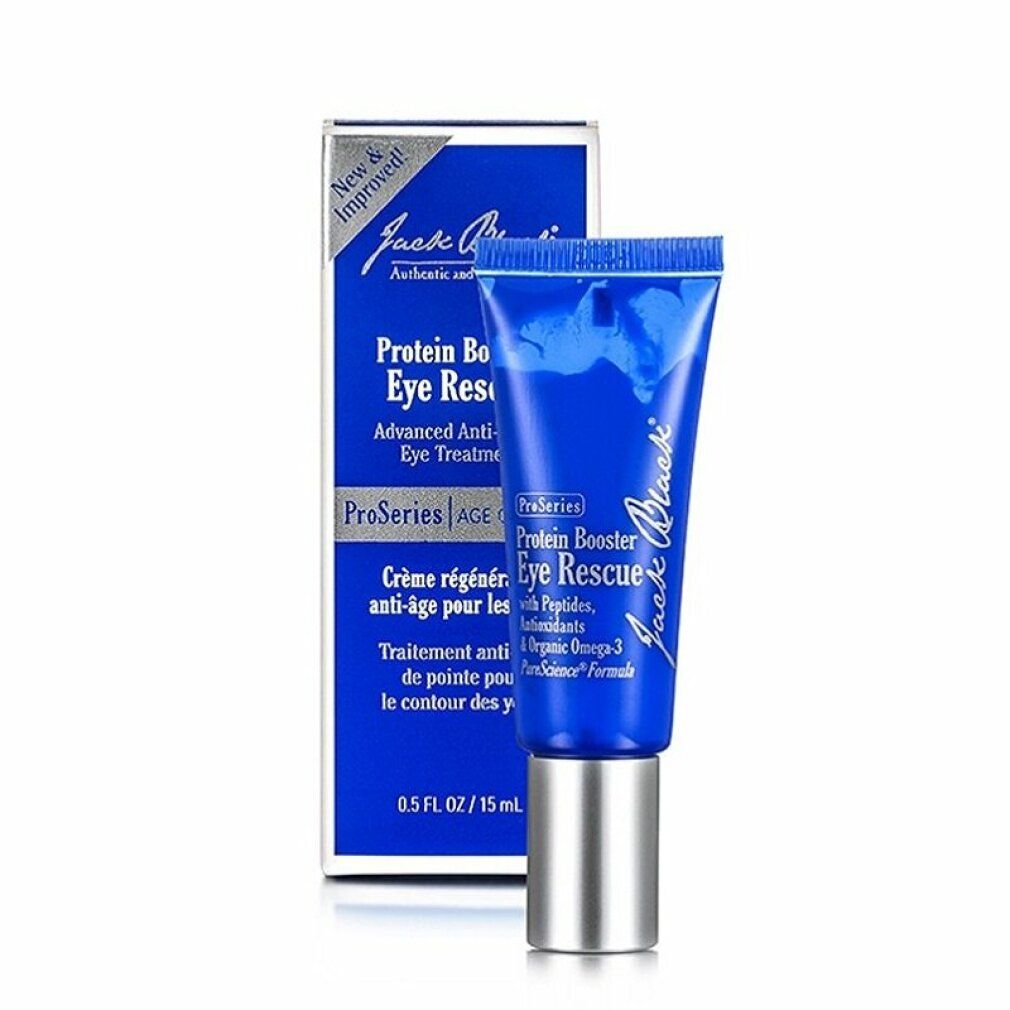 Blaue Tube und Schachtel. Aufschrift: Protein Booster Eye Rescue. Marke: Jack Black. Mit Peptiden, Antioxidantien & Omega-3. 0.5 FL OZ / 15 mL.