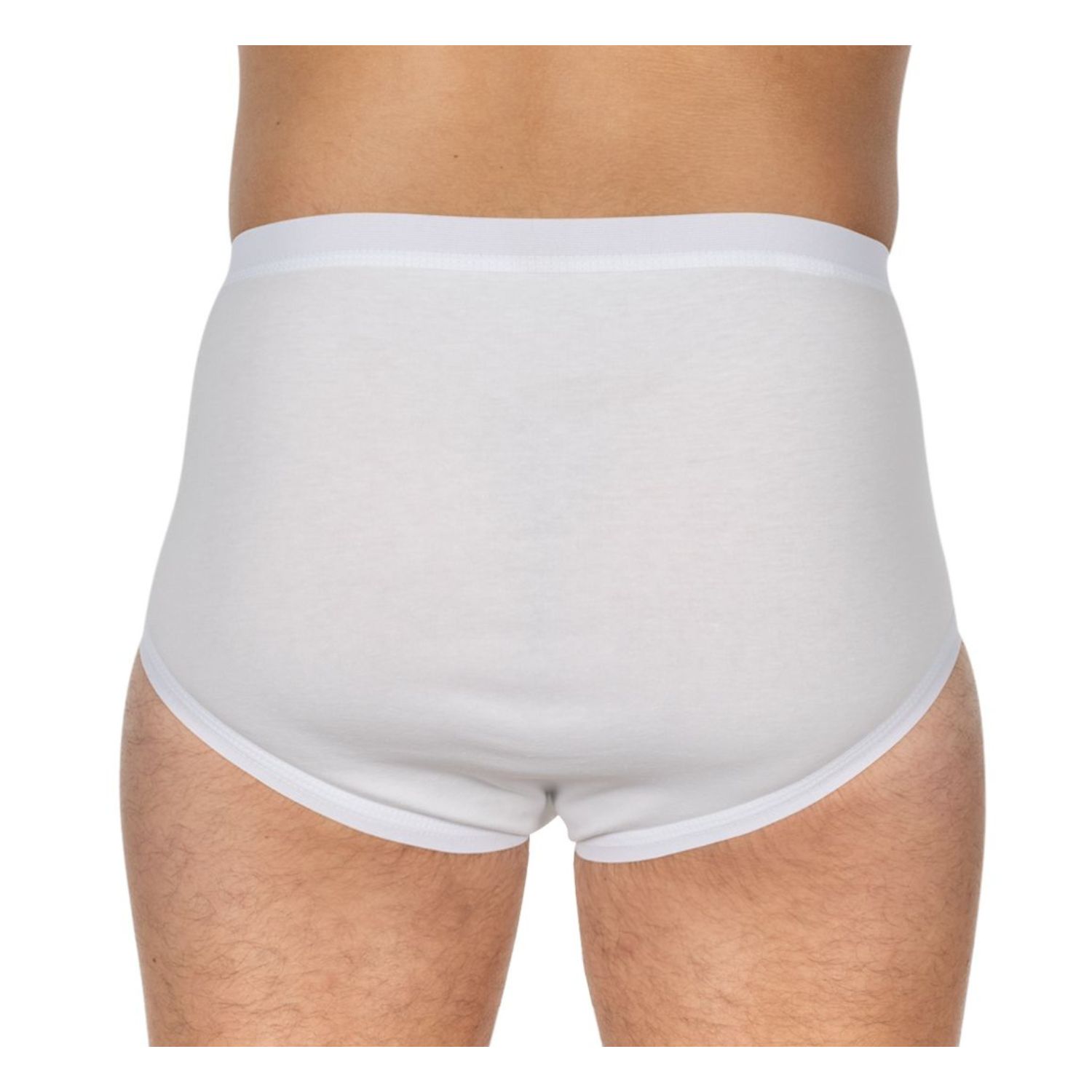 Weiße Inkontinenzhose. Hoher Bund, Beinabschlüsse mit weichem Abschluss. Blick von hinten auf eine Person.