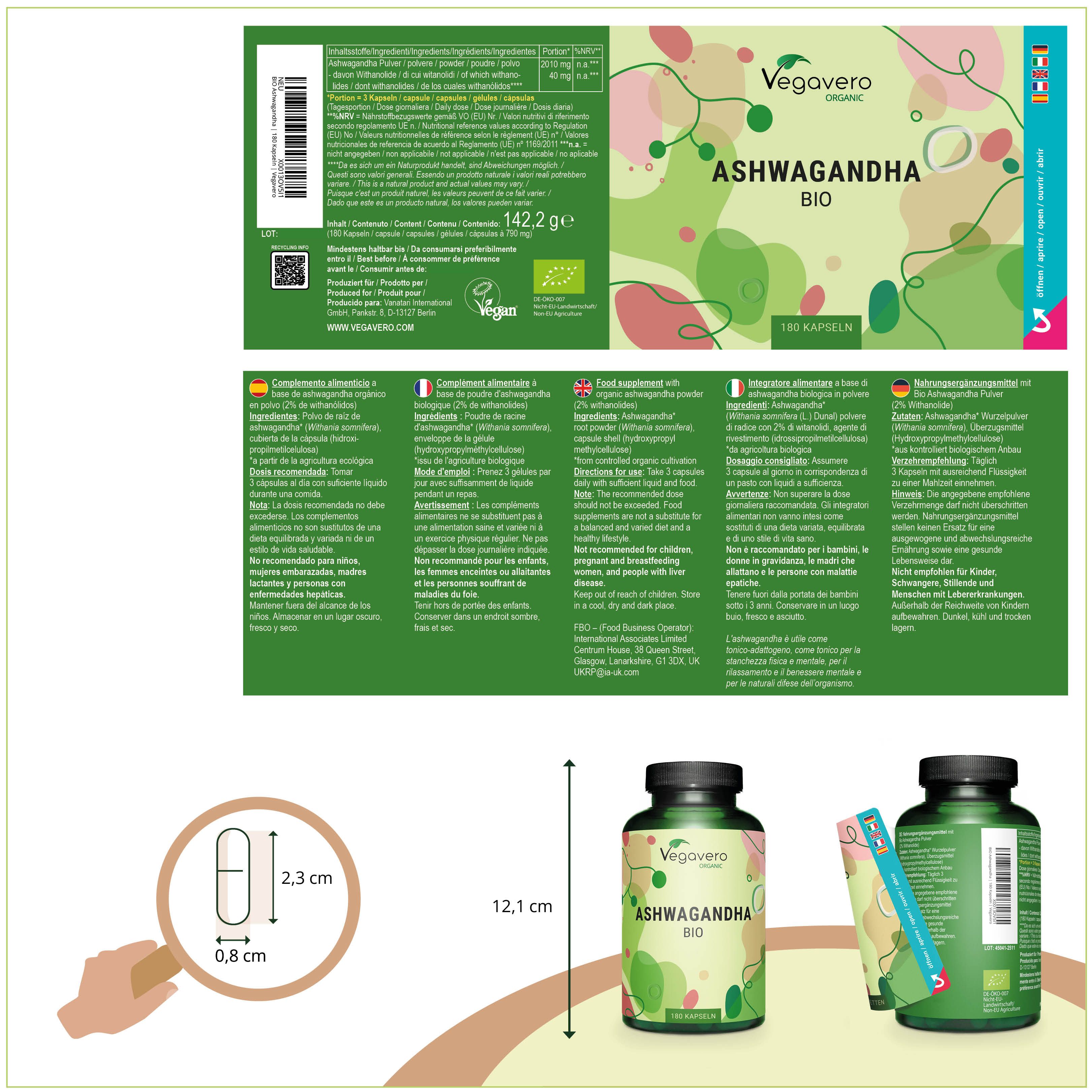 Produktverpackung mit Informationen. Aufschrift: Ashwagandha BIO. 180 Kapseln. Marke: Vegavaro Organic. Mit Abbildung der Kapsel und Maßen.
