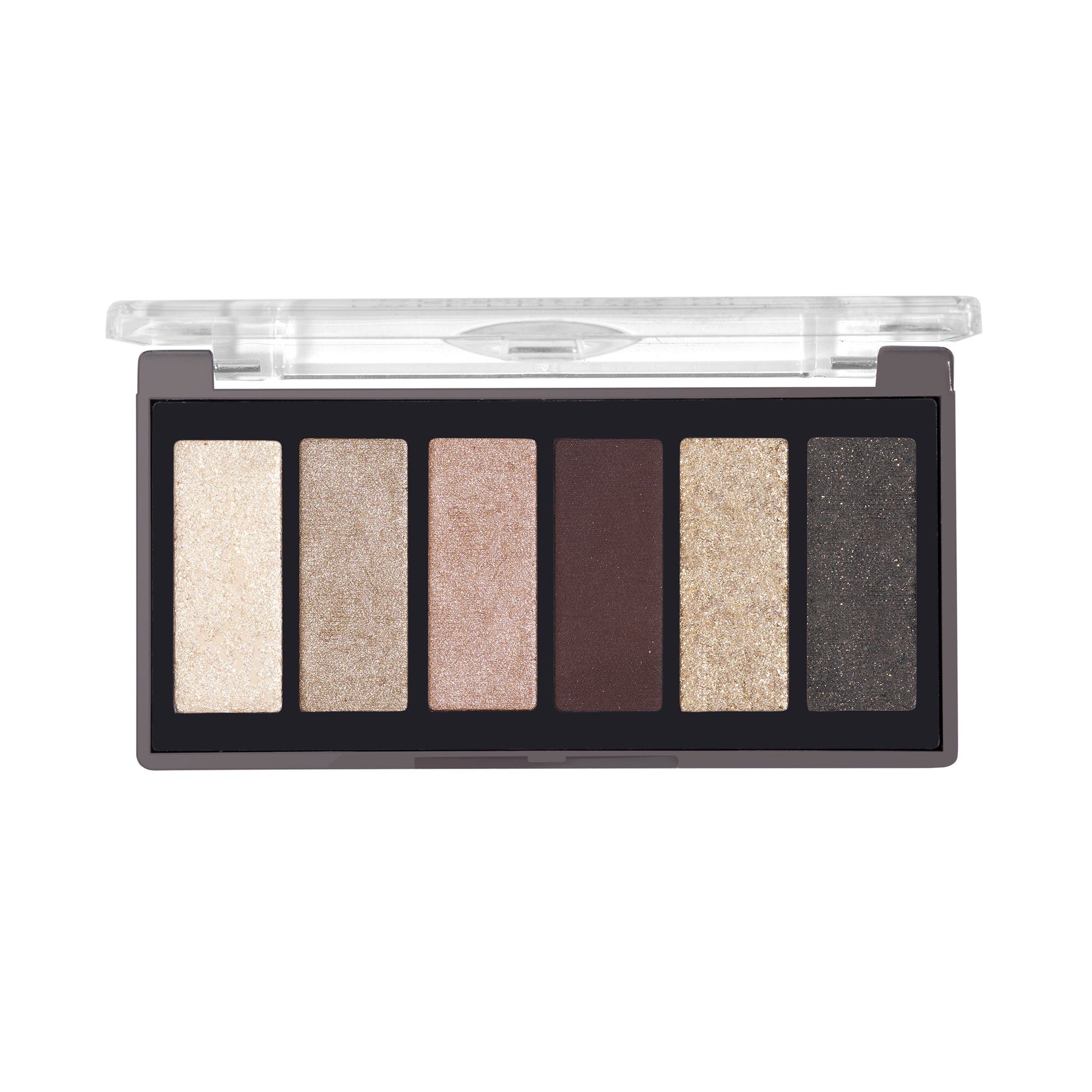 Palette occhi Bottega Verde con sei tonalità. Il contenitore rettangolare è grigio con coperchio trasparente. I colori degli ombretti variano da tonalità chiare e scintillanti a tonalità opache più scure.