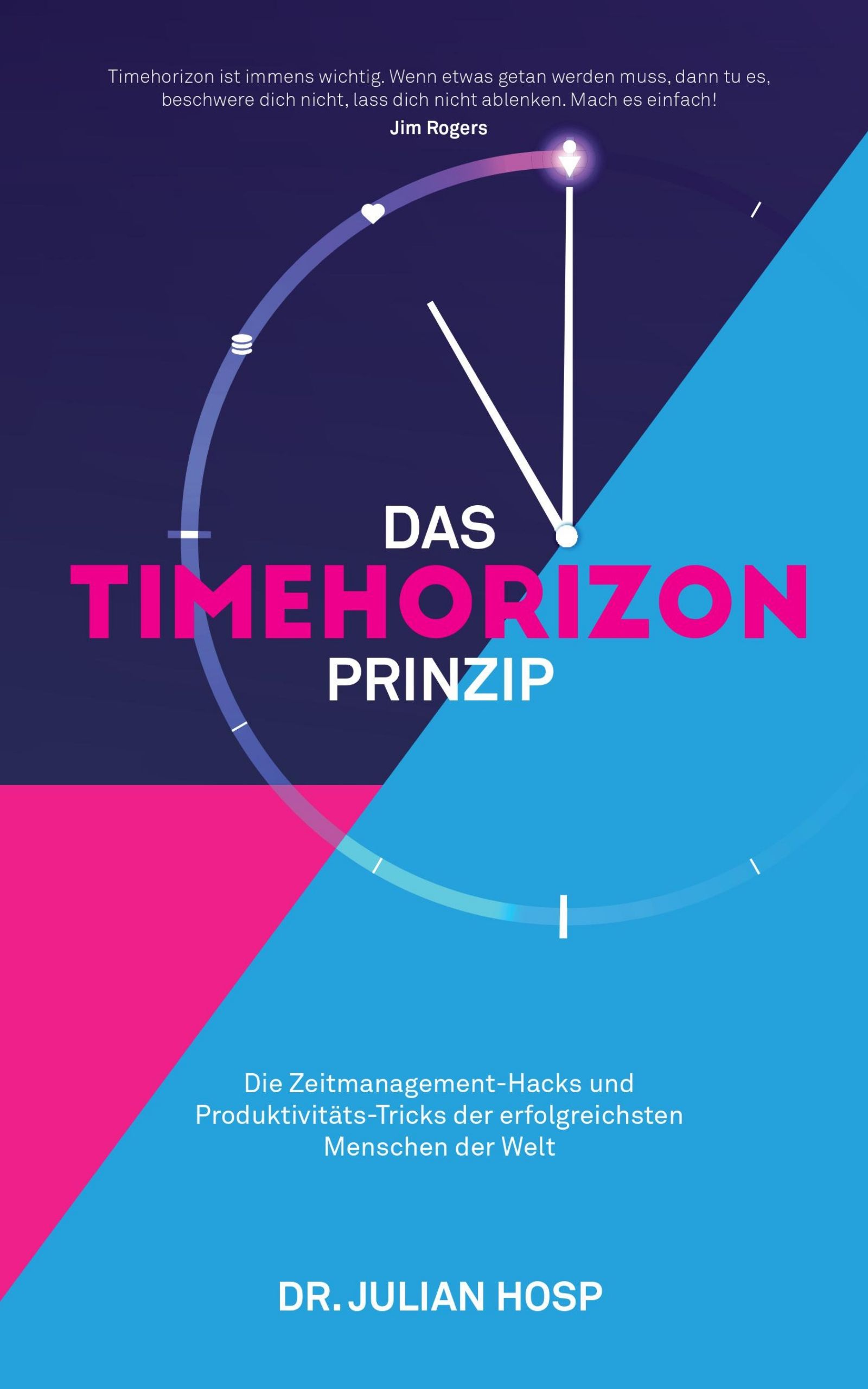 Buchcover mit Titel "Das Timehorizon Prinzip". Zitat von Jim Rogers. Untertitel: Zeitmanagement-Hacks und Produktivitätstricks. Autor: Dr. Julian Hosp.
