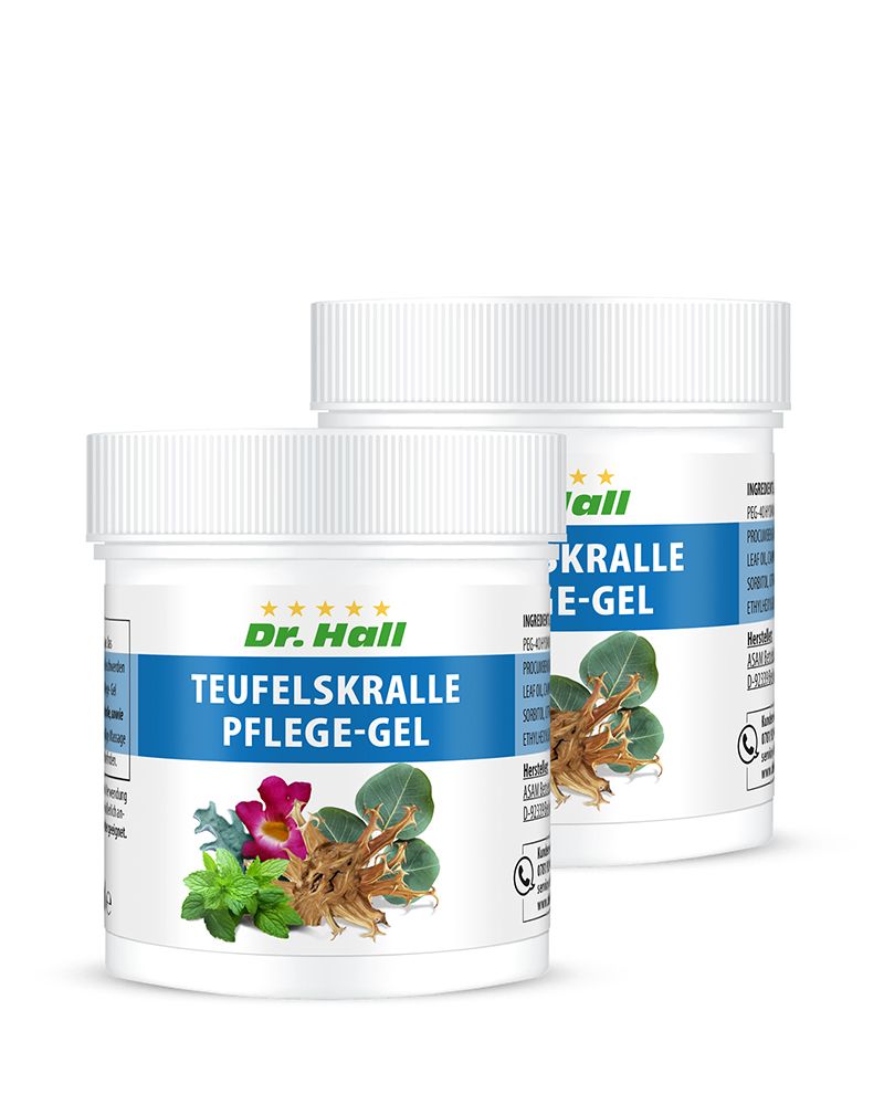Zwei weiße Tiegel mit Deckel. Aufschrift: Dr. Hall Teufelskralle Pflege-Gel. Abbildung von Pflanzen.