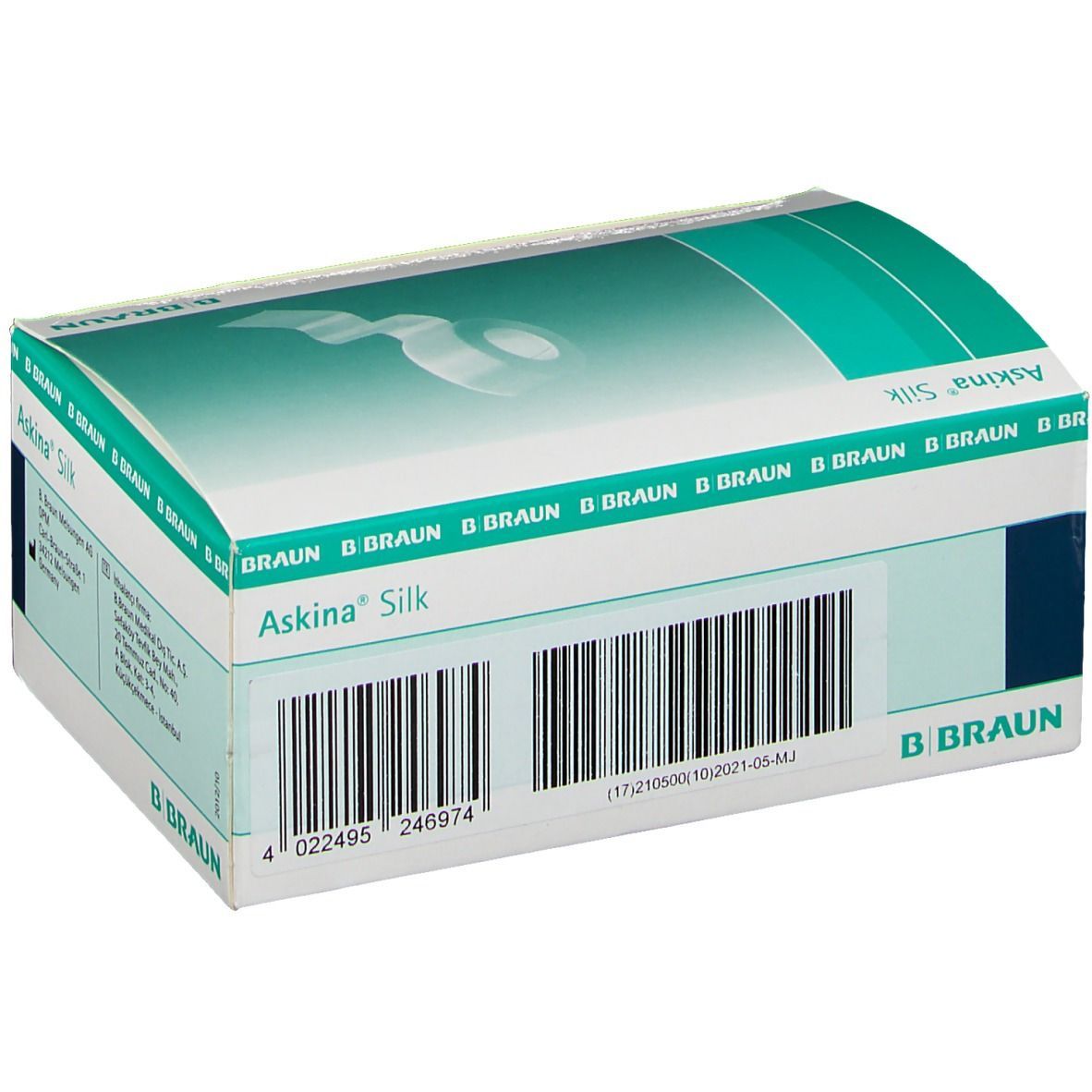 Askina® Silk Verpackung. Schachtel mit Barcode, Produktnamen und B. Braun Logo. Detailansicht.