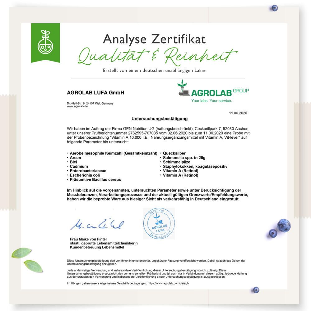 Analyse Zertifikat von Agrolab LUFA GmbH. Bestätigt Qualität und Reinheit von Vitamin A. Unterschriften und Siegel.