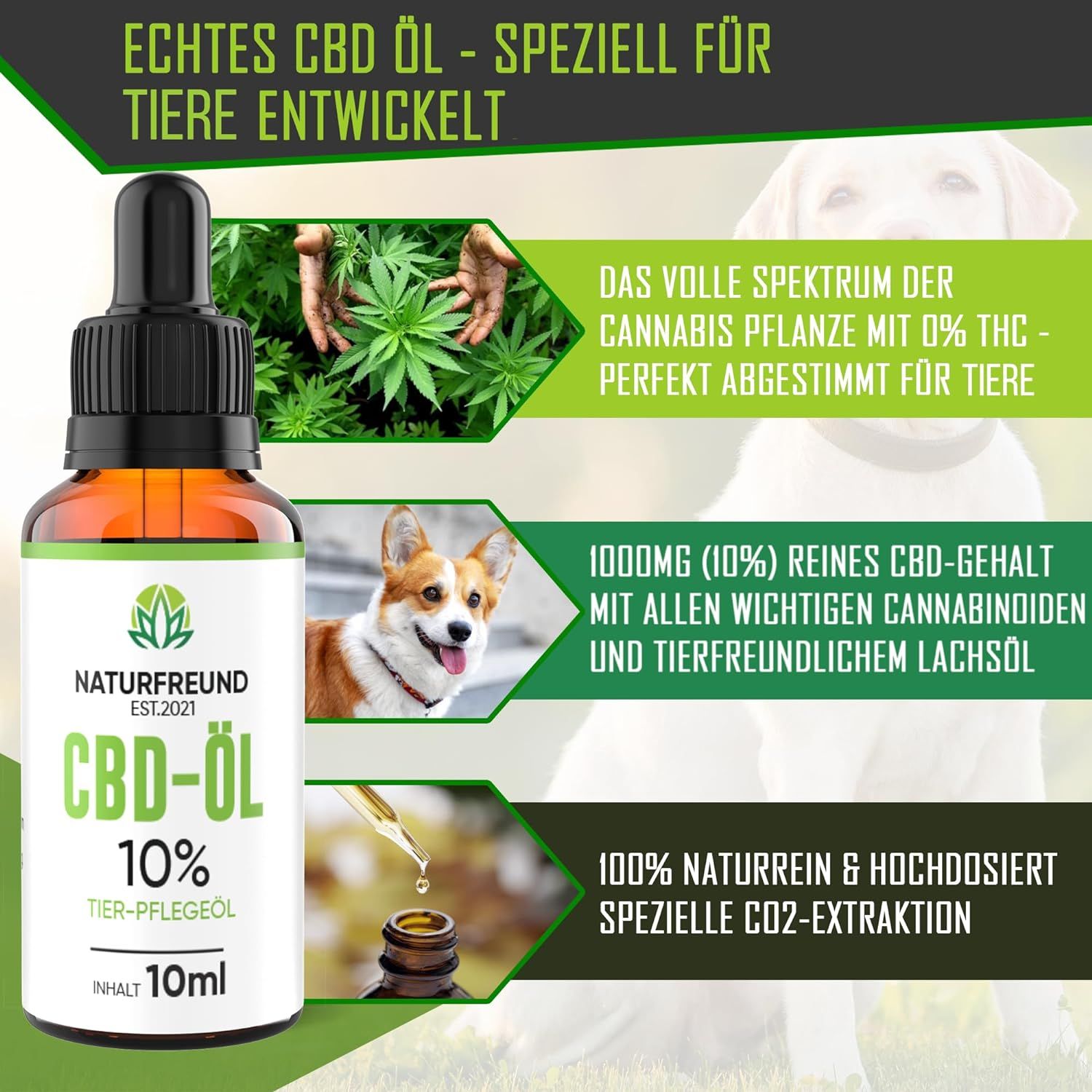 NATURFREUND® Premium CBD Öl 10% für Hunde & Katzen Hanföl